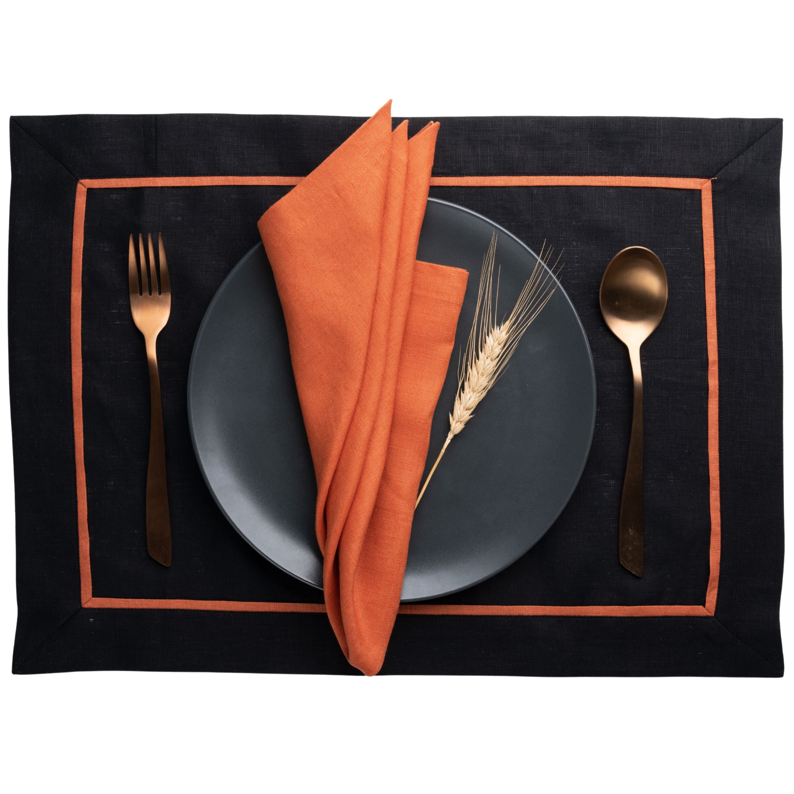 Black and rust pure linen placemats with reversible design, 14 x 19 inches, set of 4