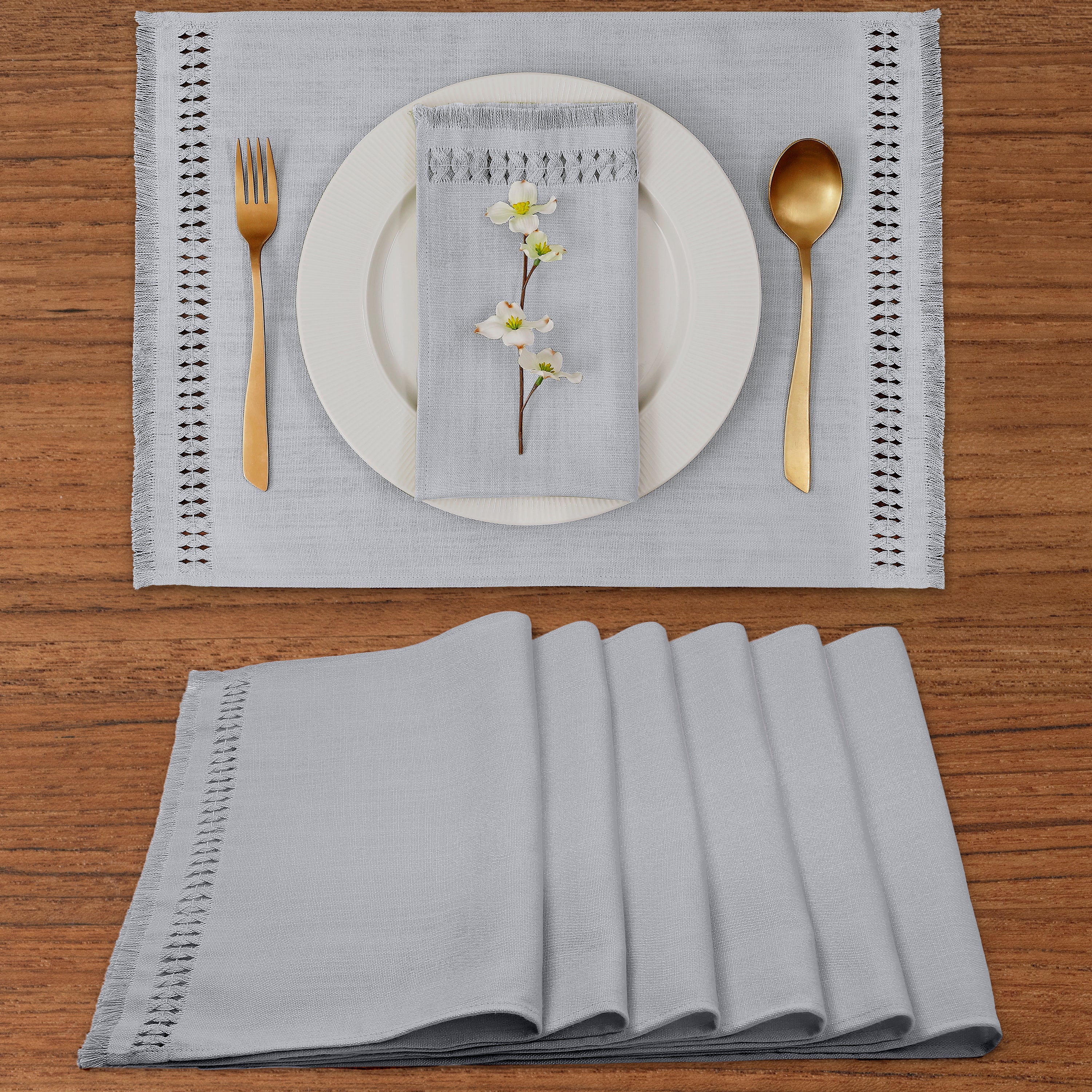 Light grey faux linen placemats with hand-hemstitch edge, 14 x 19 inches, set of 6