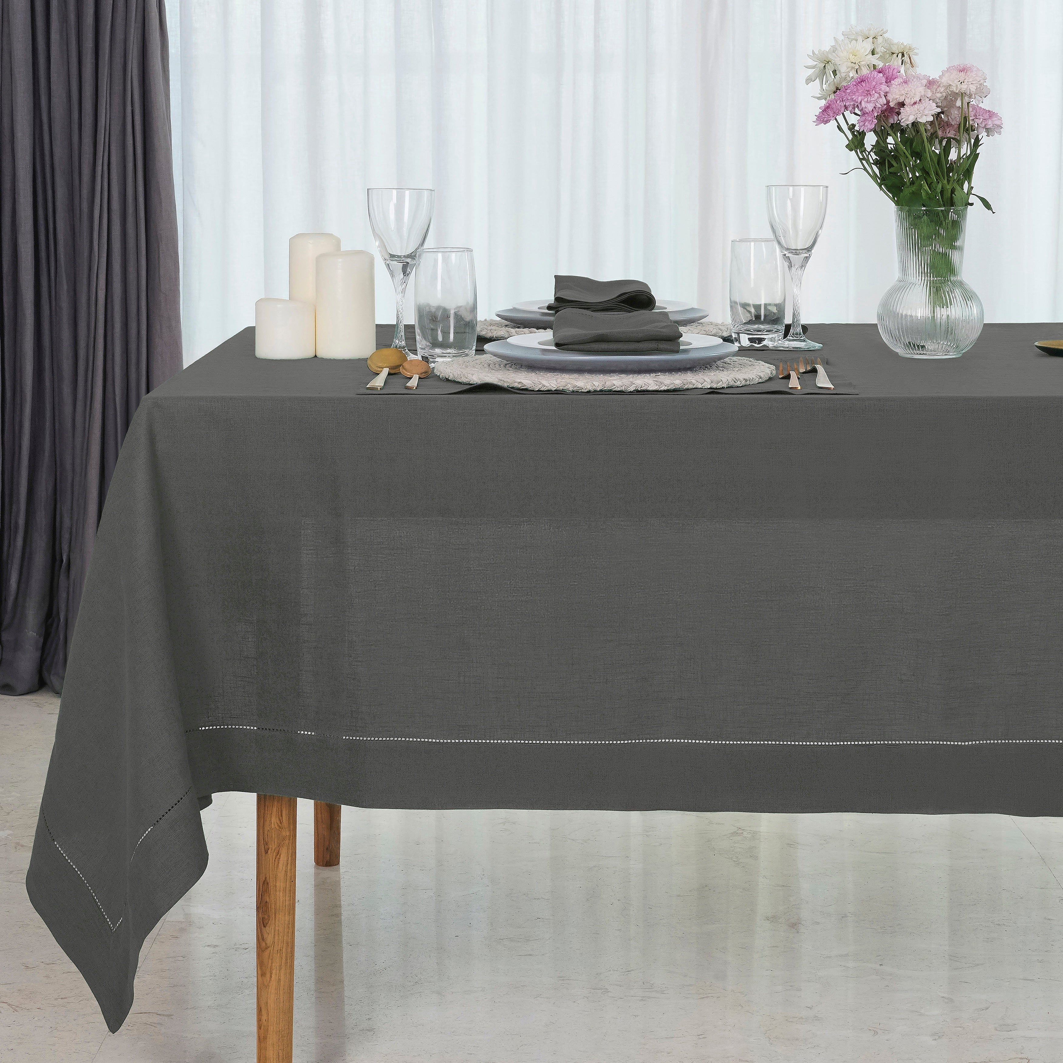 Charcoal Grey Linen Tablecloth, Hemstitch