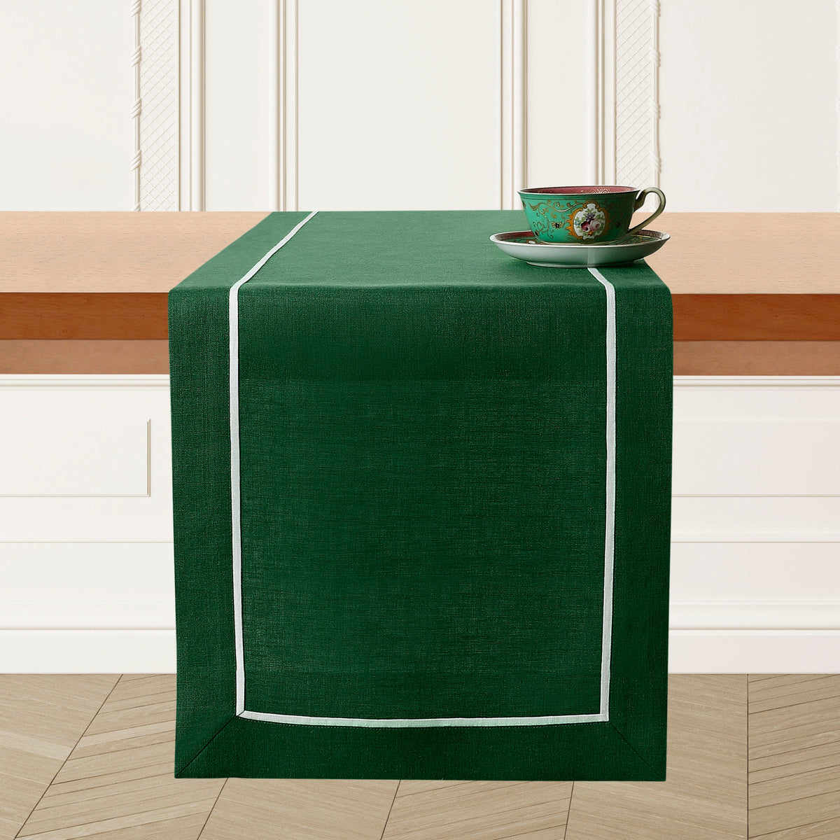 Forest green and white linen table runner with reversible design, 14 x 36 inches