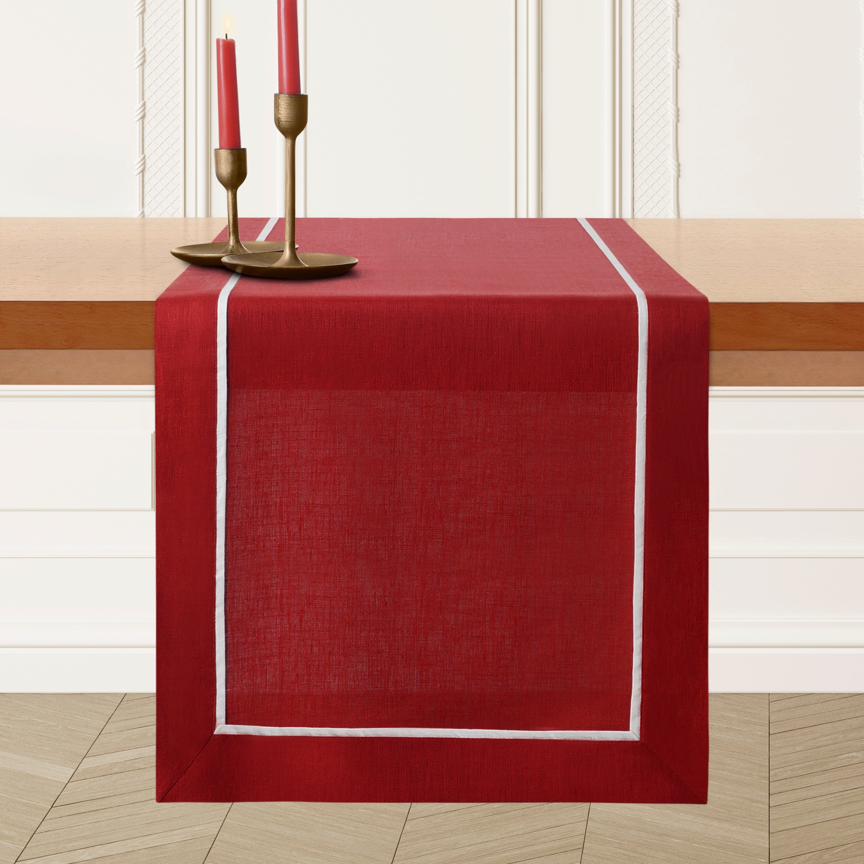 Red and White Pure Linen Table Runner - Reversible