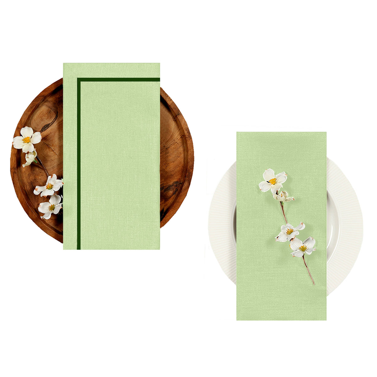 Close-up of the reversible design on sage green and forest pure linen dinner napkins