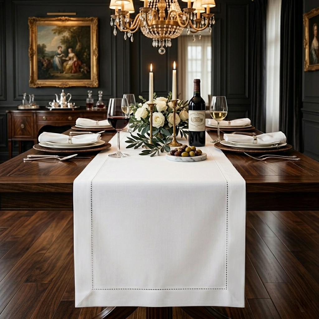 Signature Linen™ White Table Runner - Hemstitch