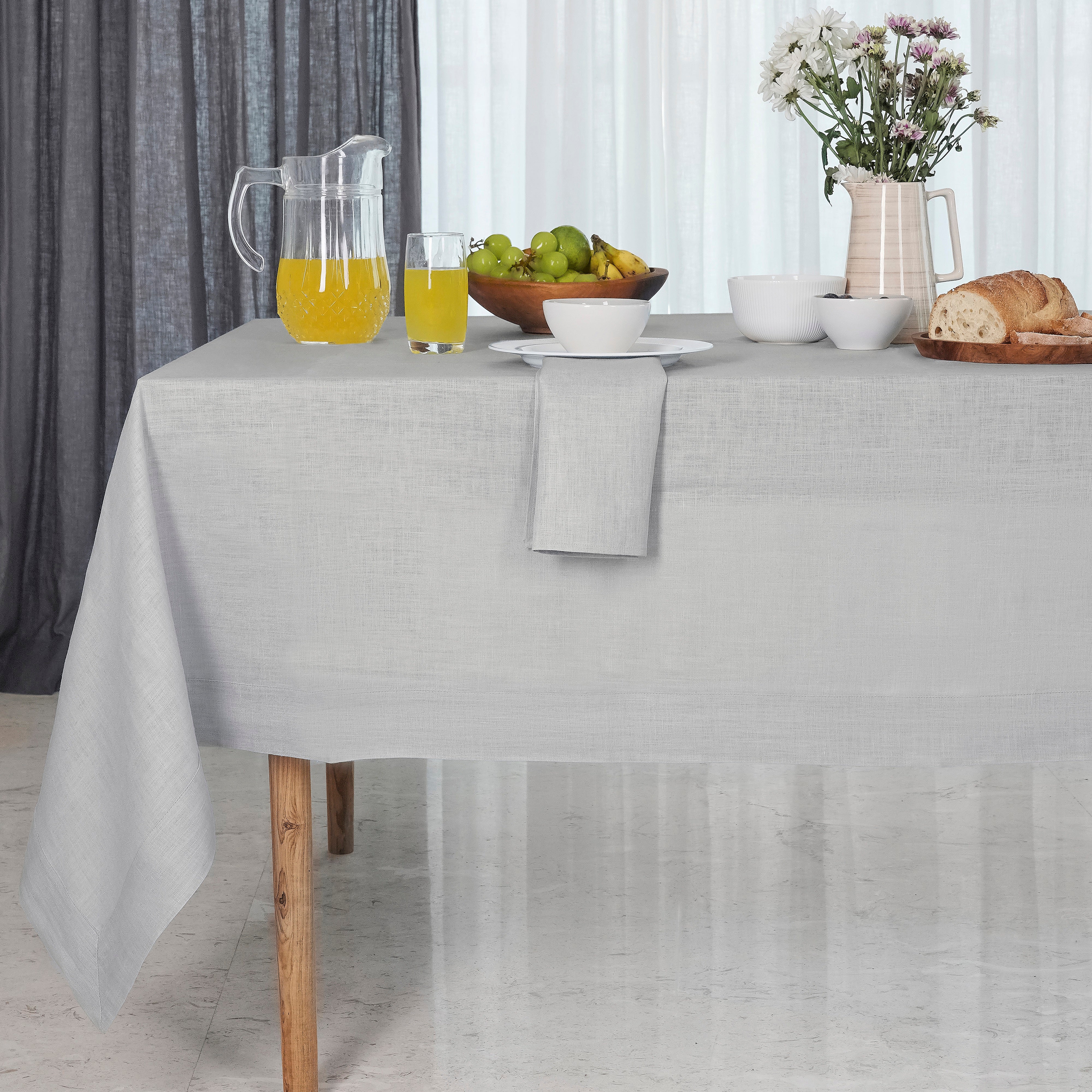Silver grey pure linen tablecloth with mitered corners, 52 x 52 inches