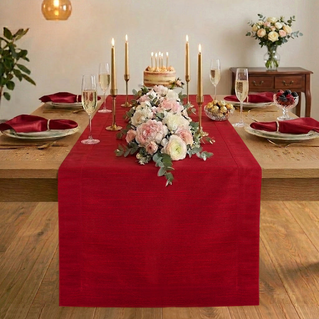 Tango red Luxe Shine table runner with mitered corners, 14 x 36 inches
