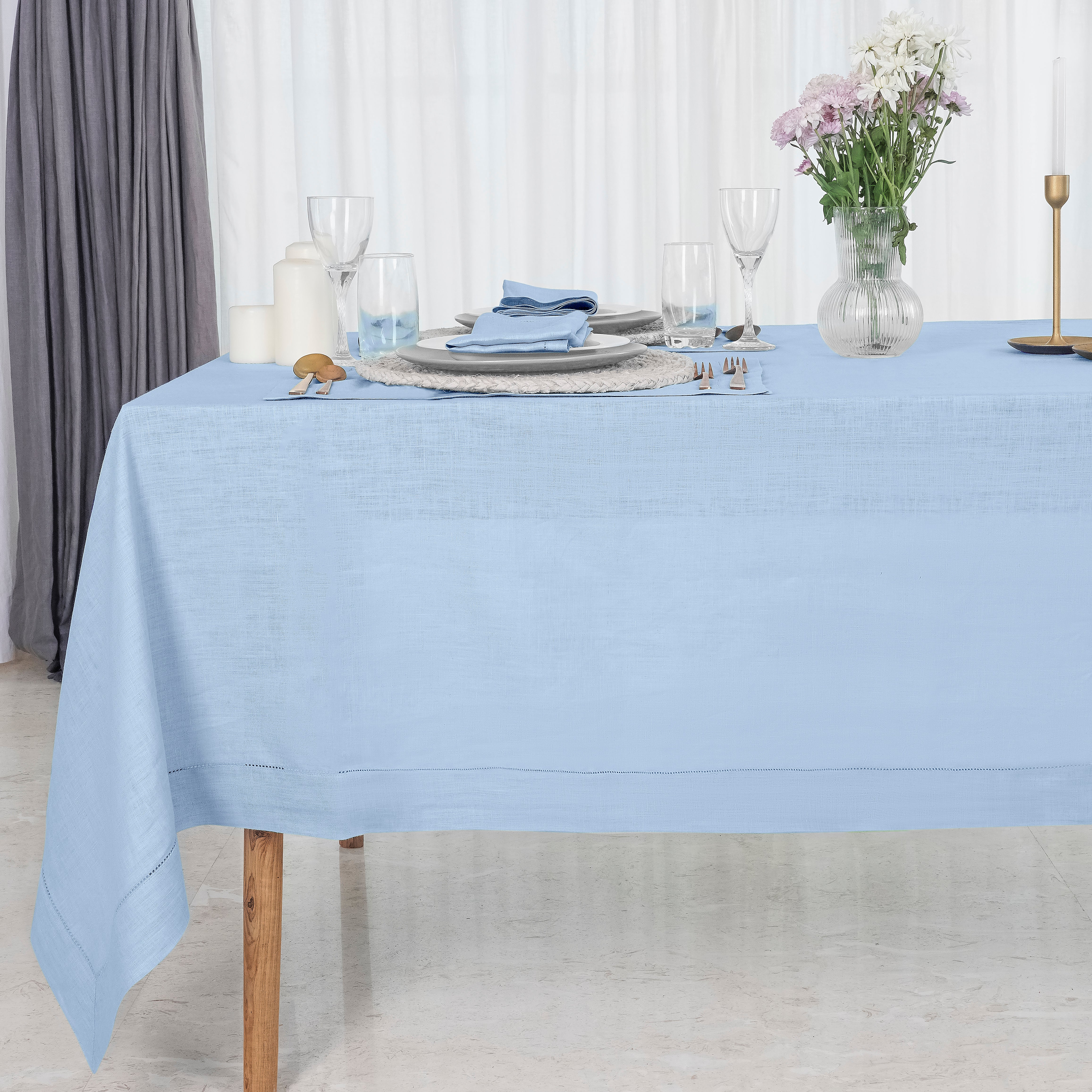 Powder blue pure linen tablecloth with hemstitch edge, 52 x 52 inches