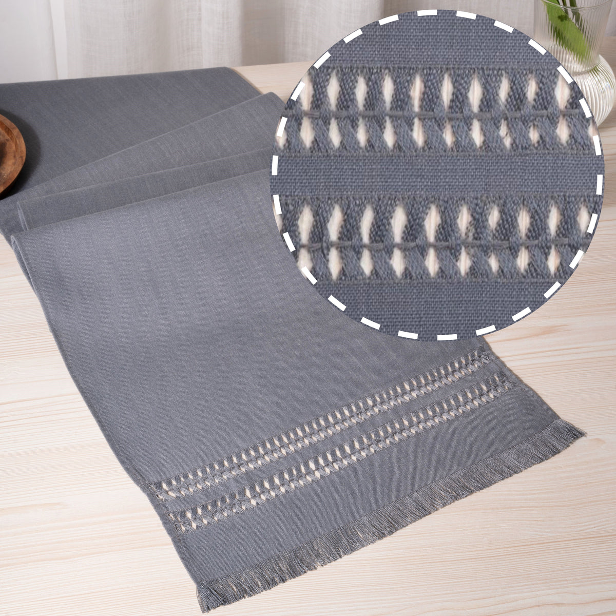 Charcoal grey faux linen table runner with hand-hemstitch edge, 14 x 72 inches