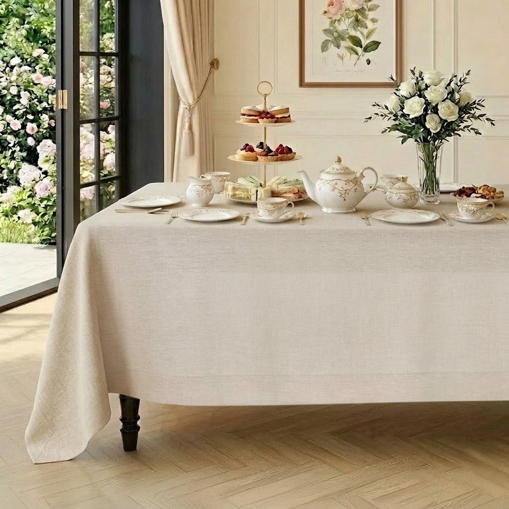 Light natural pure linen tablecloth with mitered corners, 52 x 52 inches