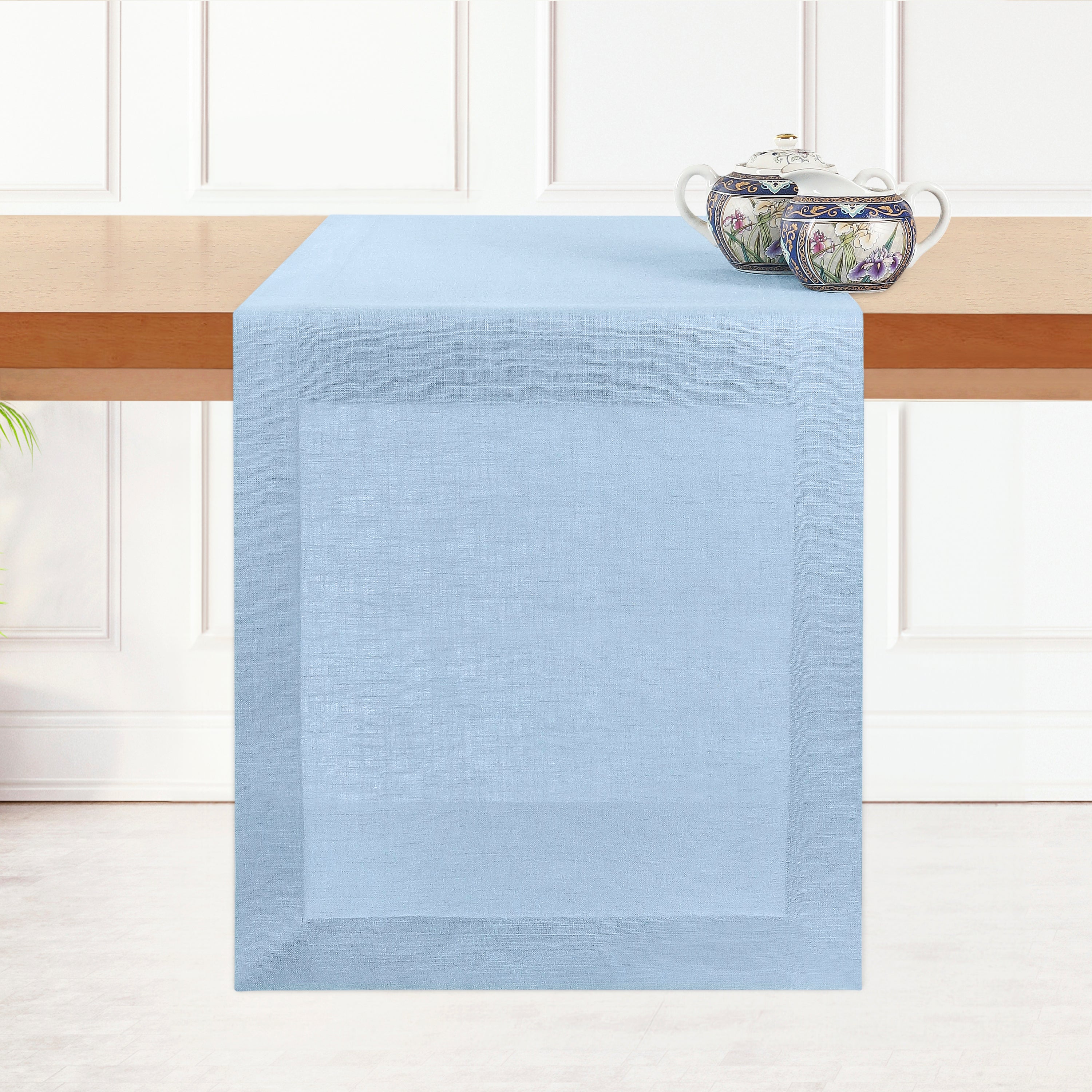 Powder blue pure linen table runner with mitered corners, 14 x 36 inches
