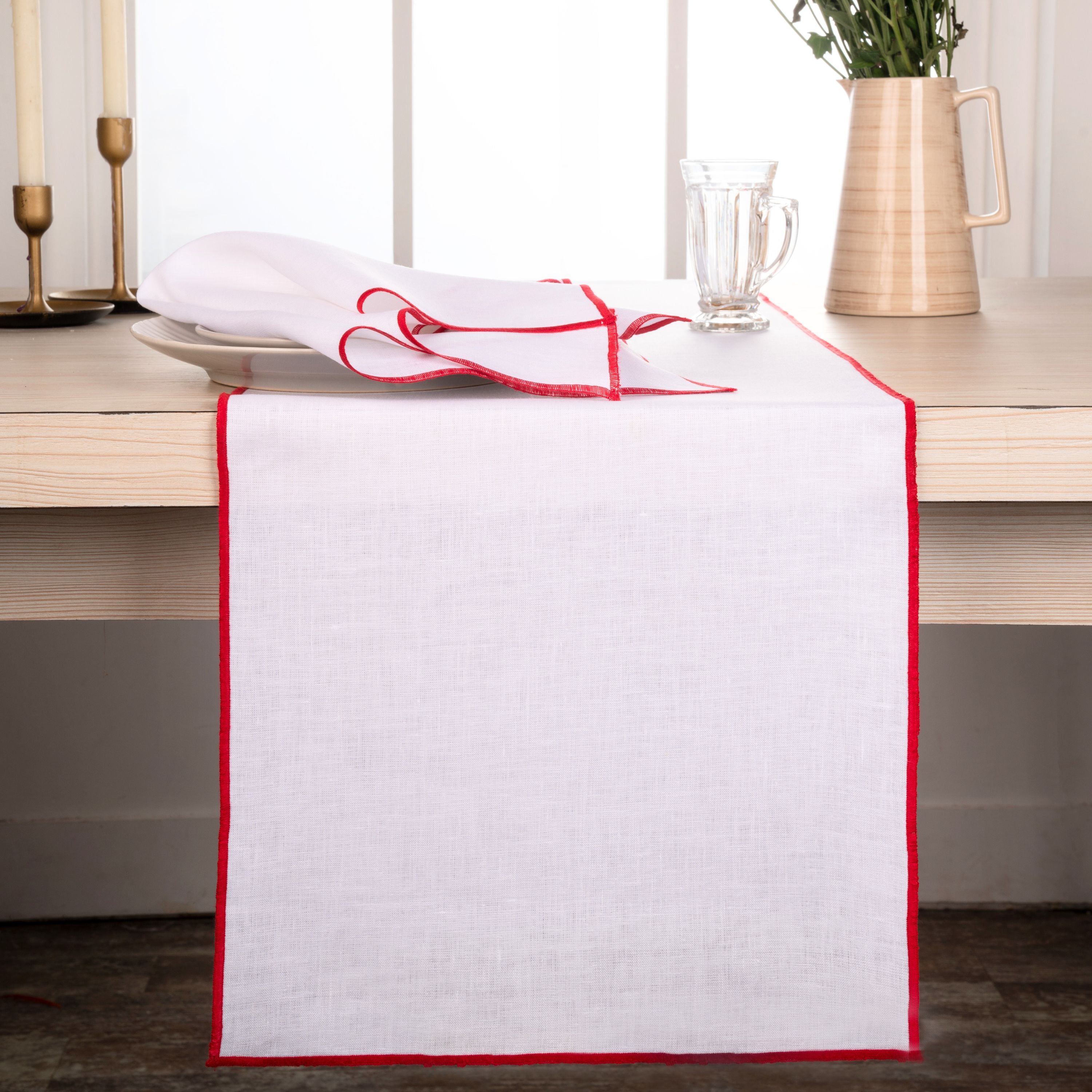 White and red pure linen table runner with marrow edge, 14 x 72 inches