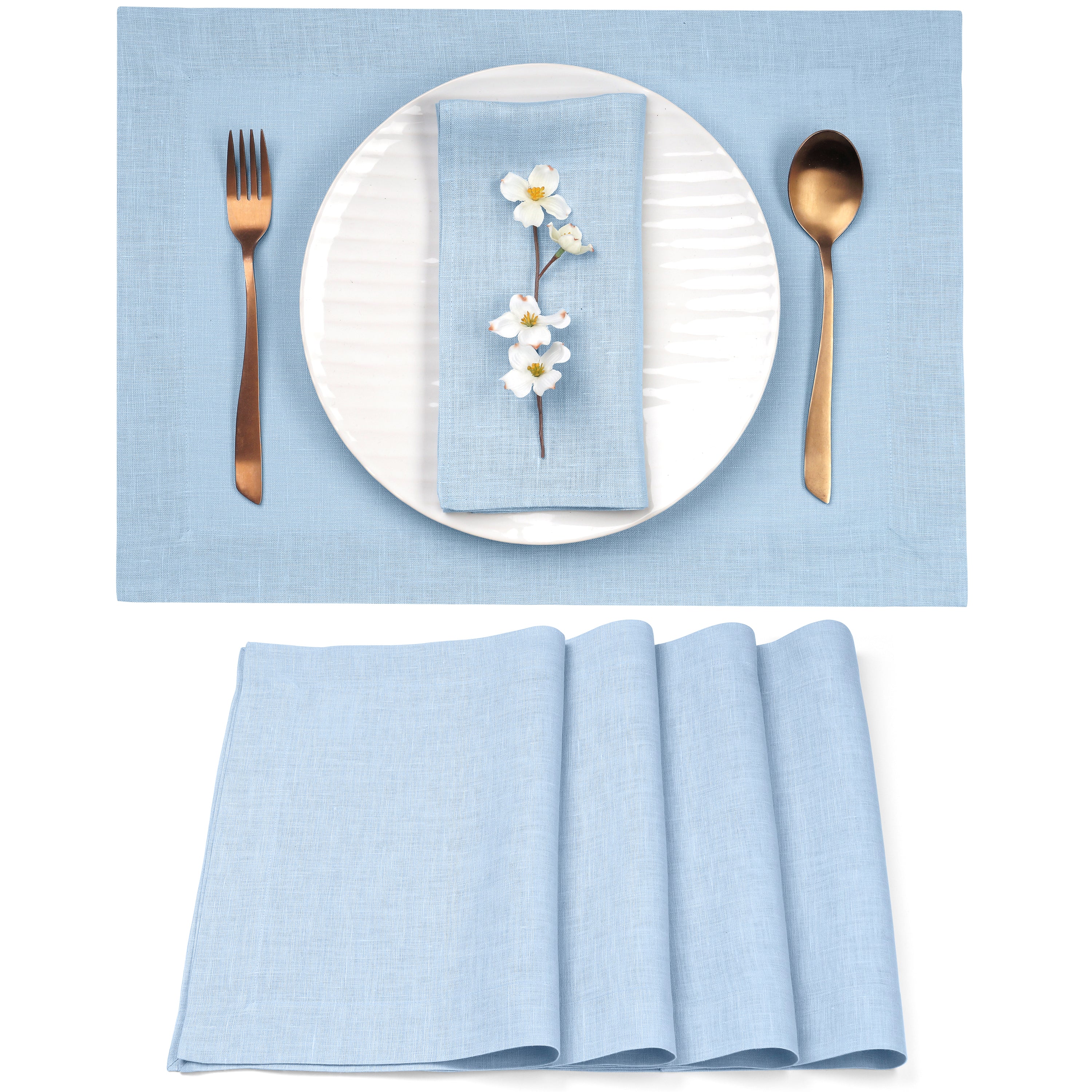 Powder blue pure linen placemats with mitered corners, 14 x 19 inches, set of 4