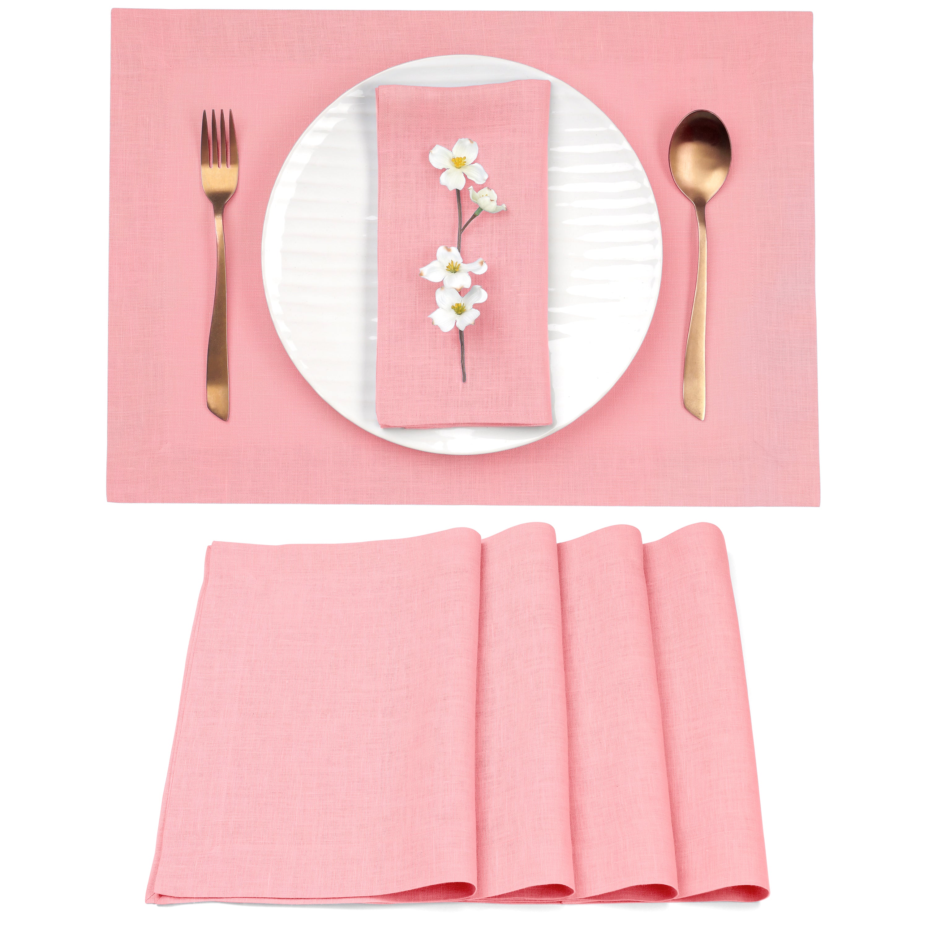 Dusty pink pure linen placemats with mitered corners, 14 x 19 inches, set of 4