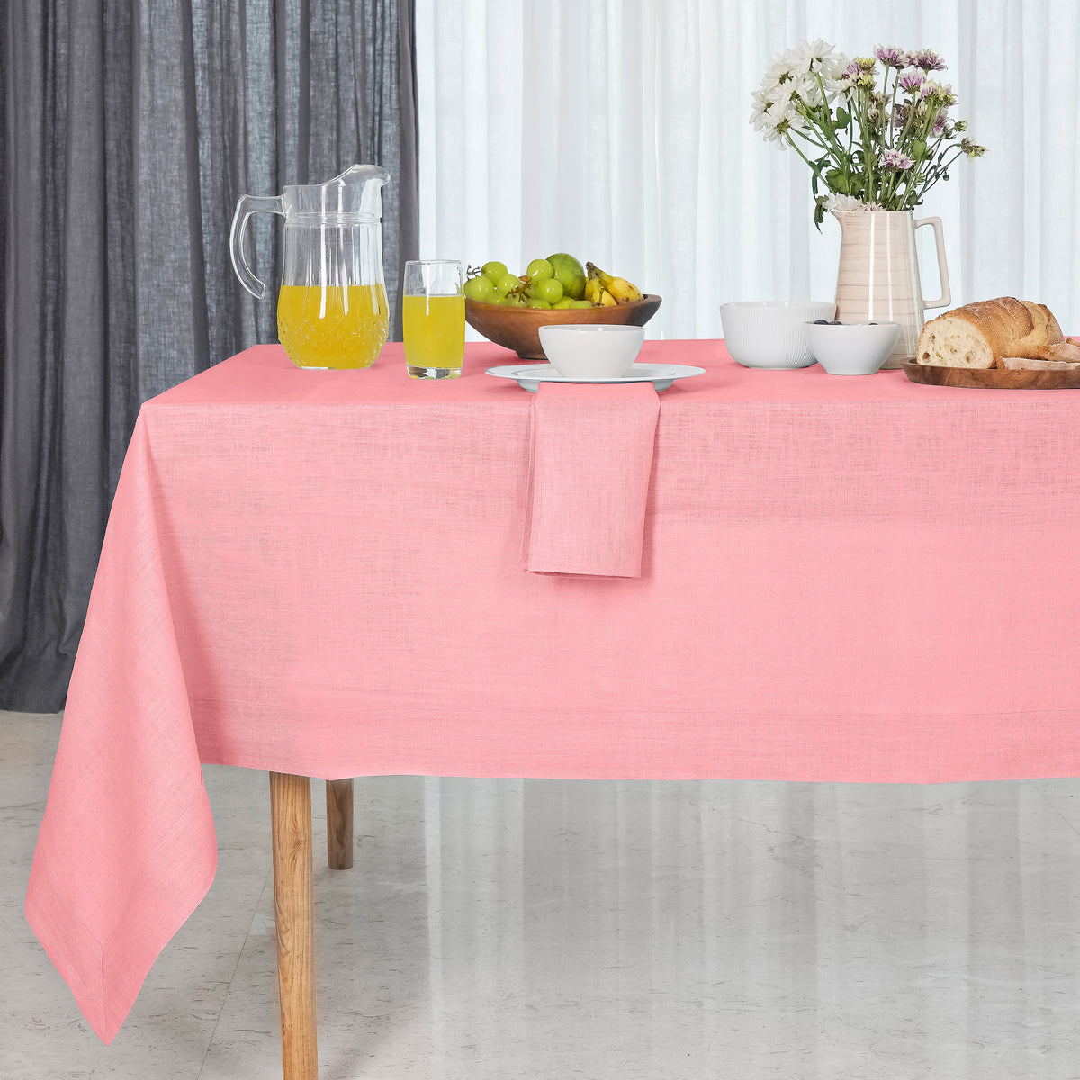 Dusty pink pure linen tablecloth with mitered corners, 52 x 52 inches