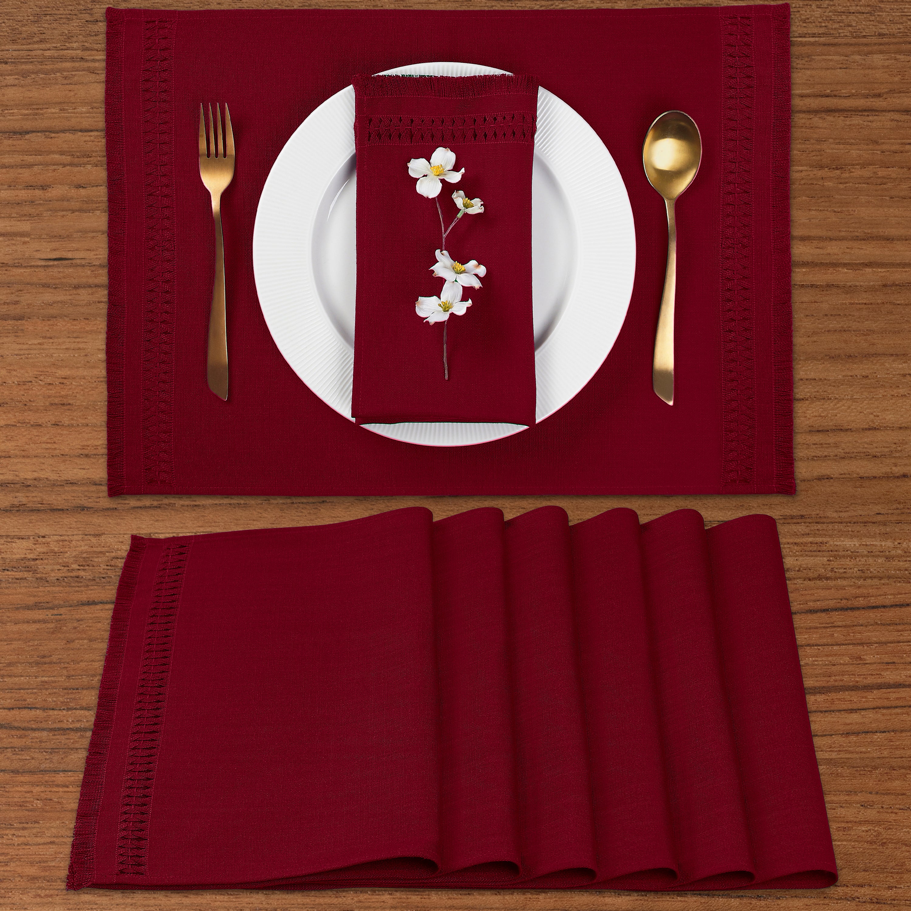 Red faux linen placemats with hand-hemstitch edge, 14 x 19 inches, set of 6