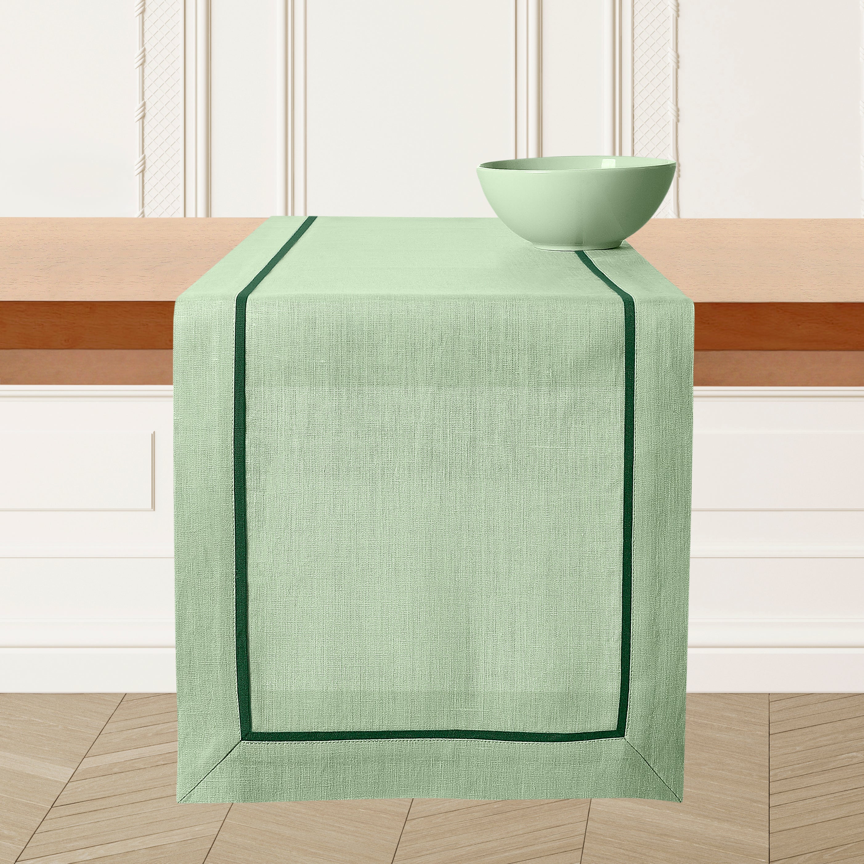 Sage green and forest pure linen table runner with reversible design, 14 x 54 inches