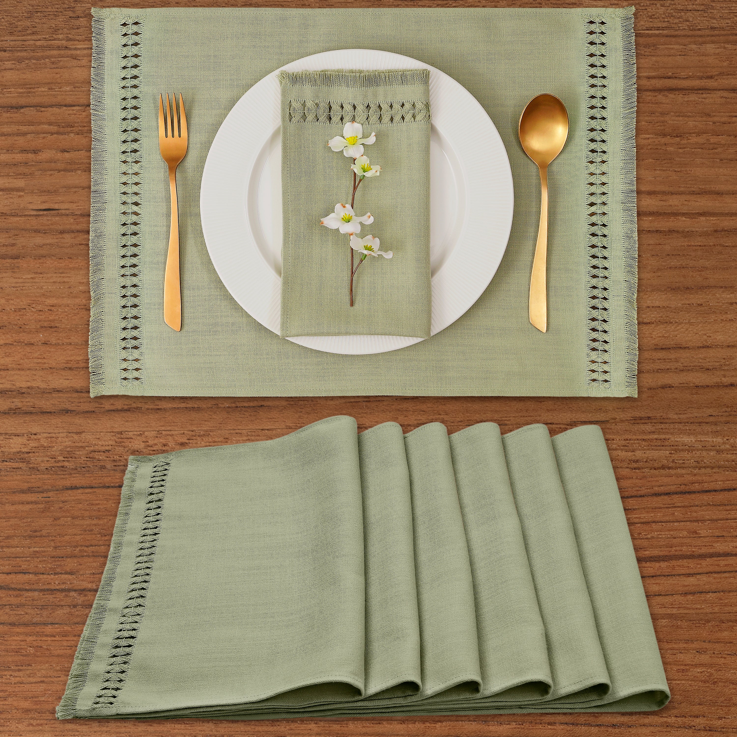 Sage green faux linen placemats with hand-hemstitch edge, 14 x 19 inches, set of 6