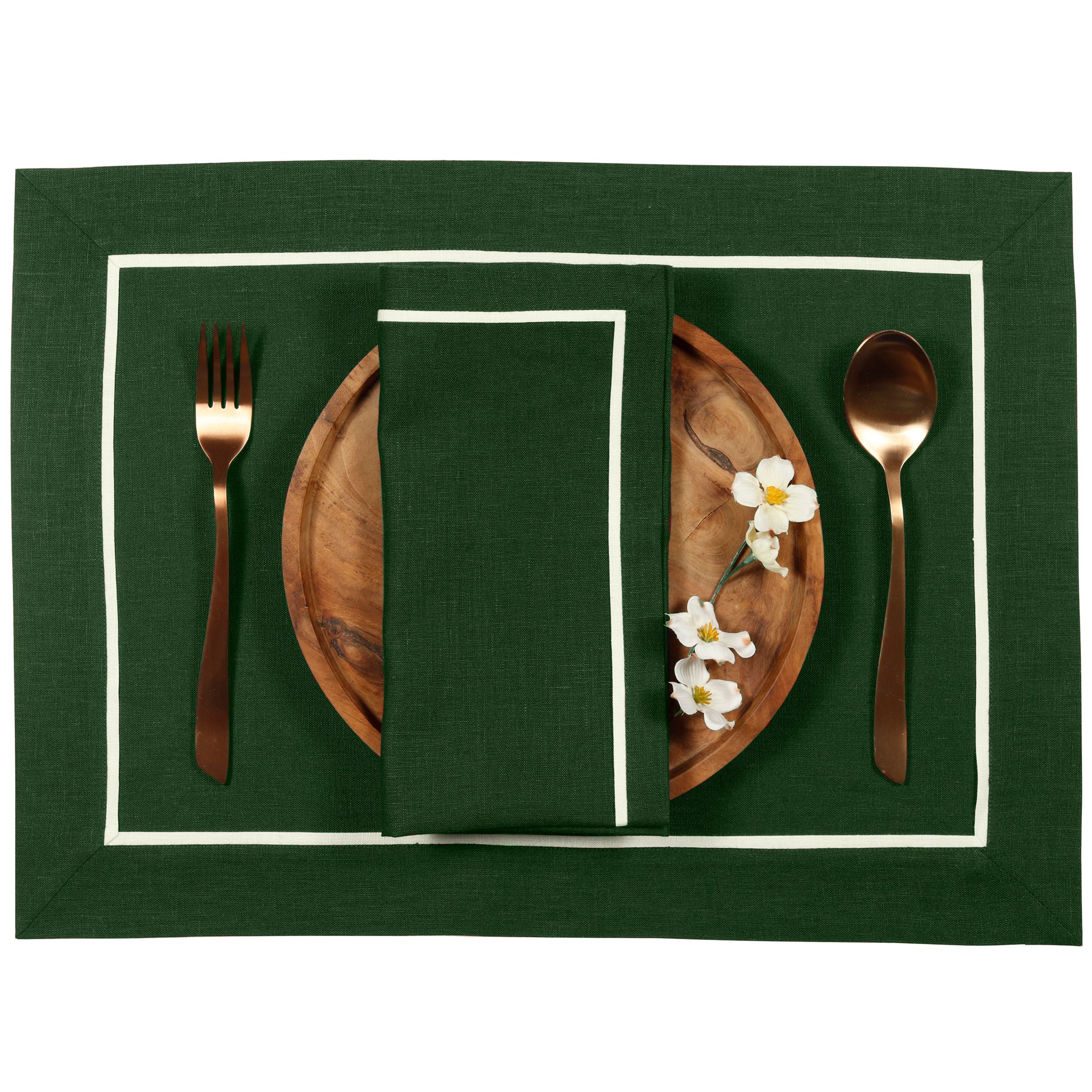 Forest green and white pure linen placemats with reversible design, 14 x 19 inches, set of 4
