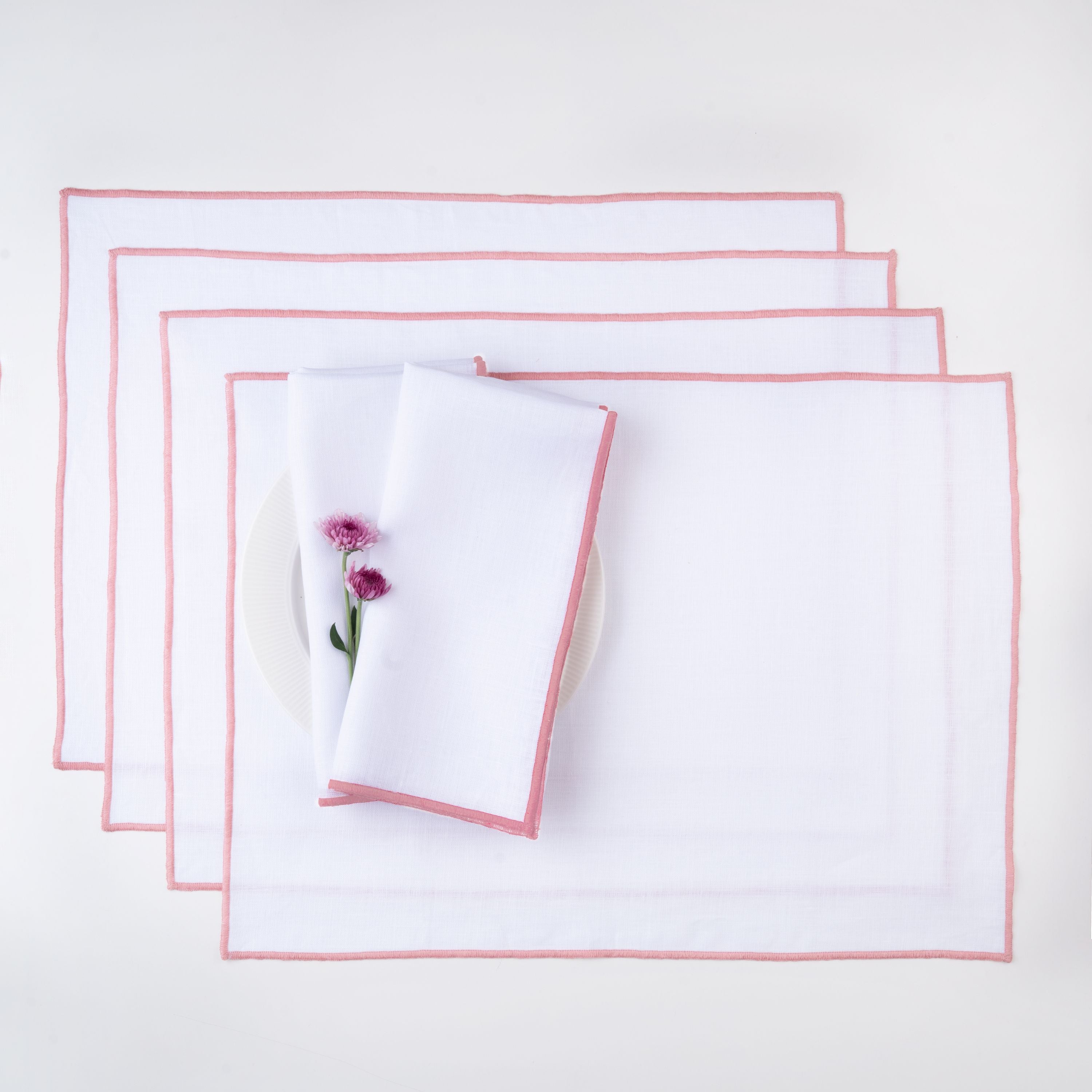 White and dusty pink pure linen placemats with marrow edge, 14 x 19 inches, set of 4