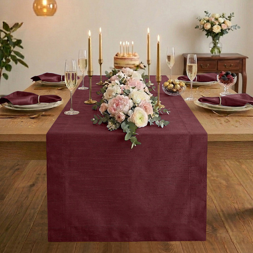 Wine red Luxe Shine table runner with mitered corners, 14 x 36 inches
