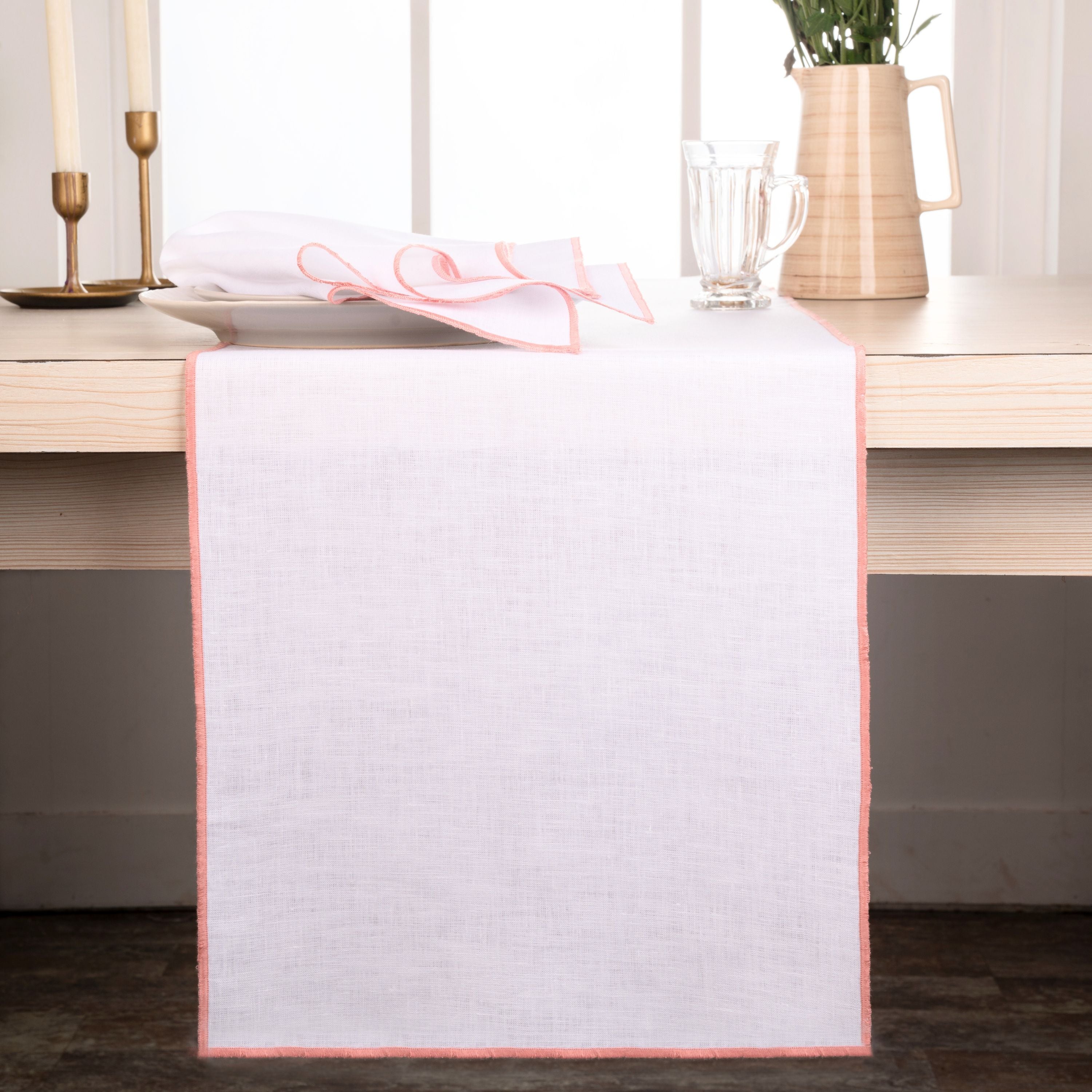 White and dusty pink pure linen table runner with marrow edge, 14 x 72 inches