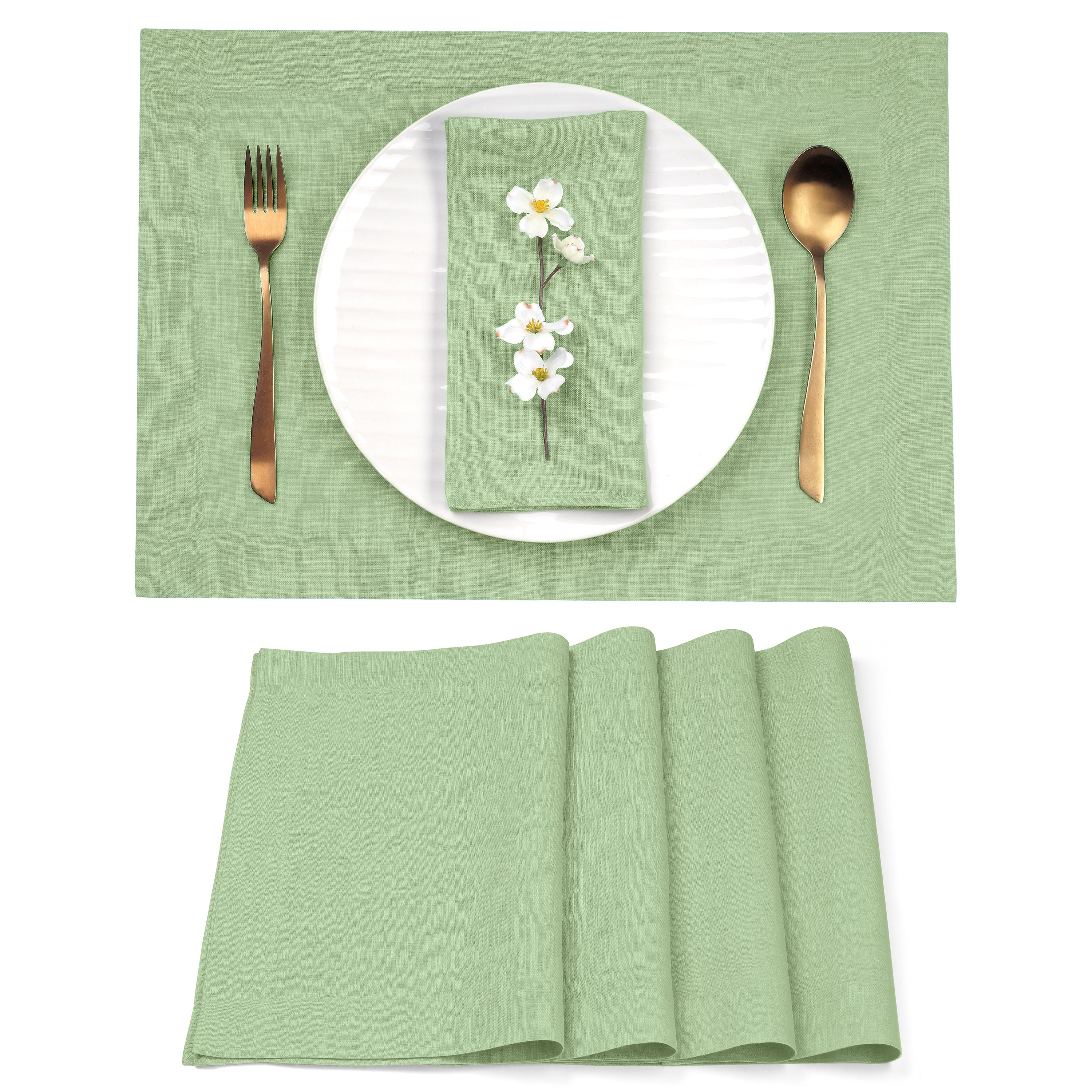 Sage green pure linen placemats with mitered corners, 14 x 19 inches, set of 4