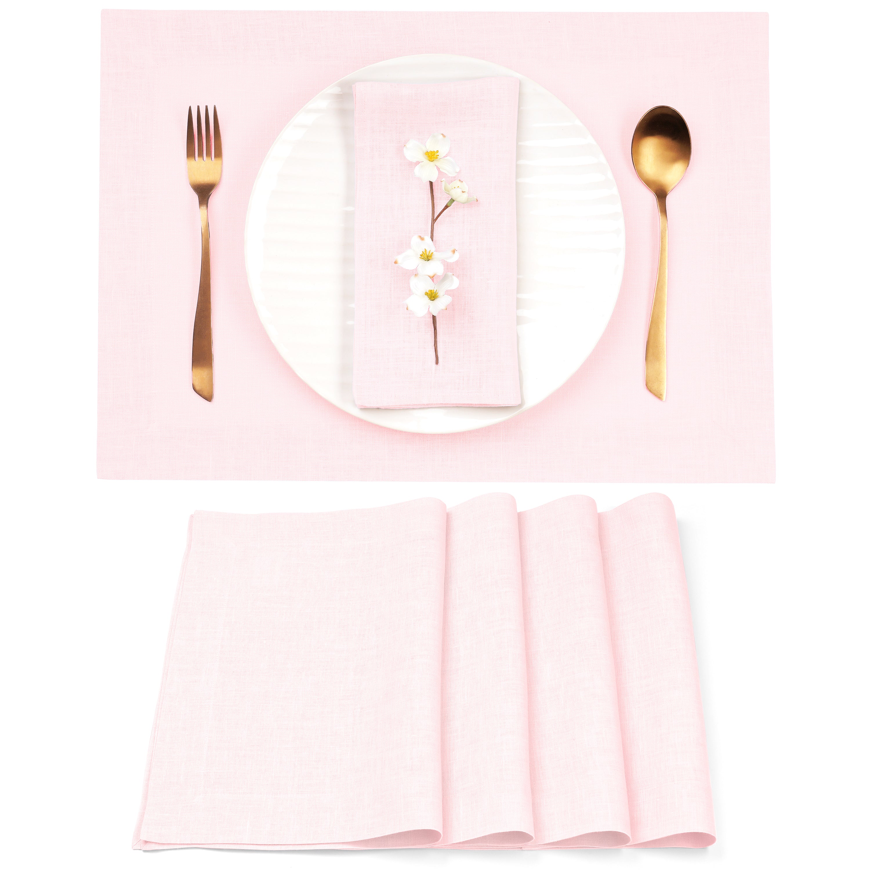 Pastel pink pure linen placemats with mitered corners, 14 x 19 inches, set of 4