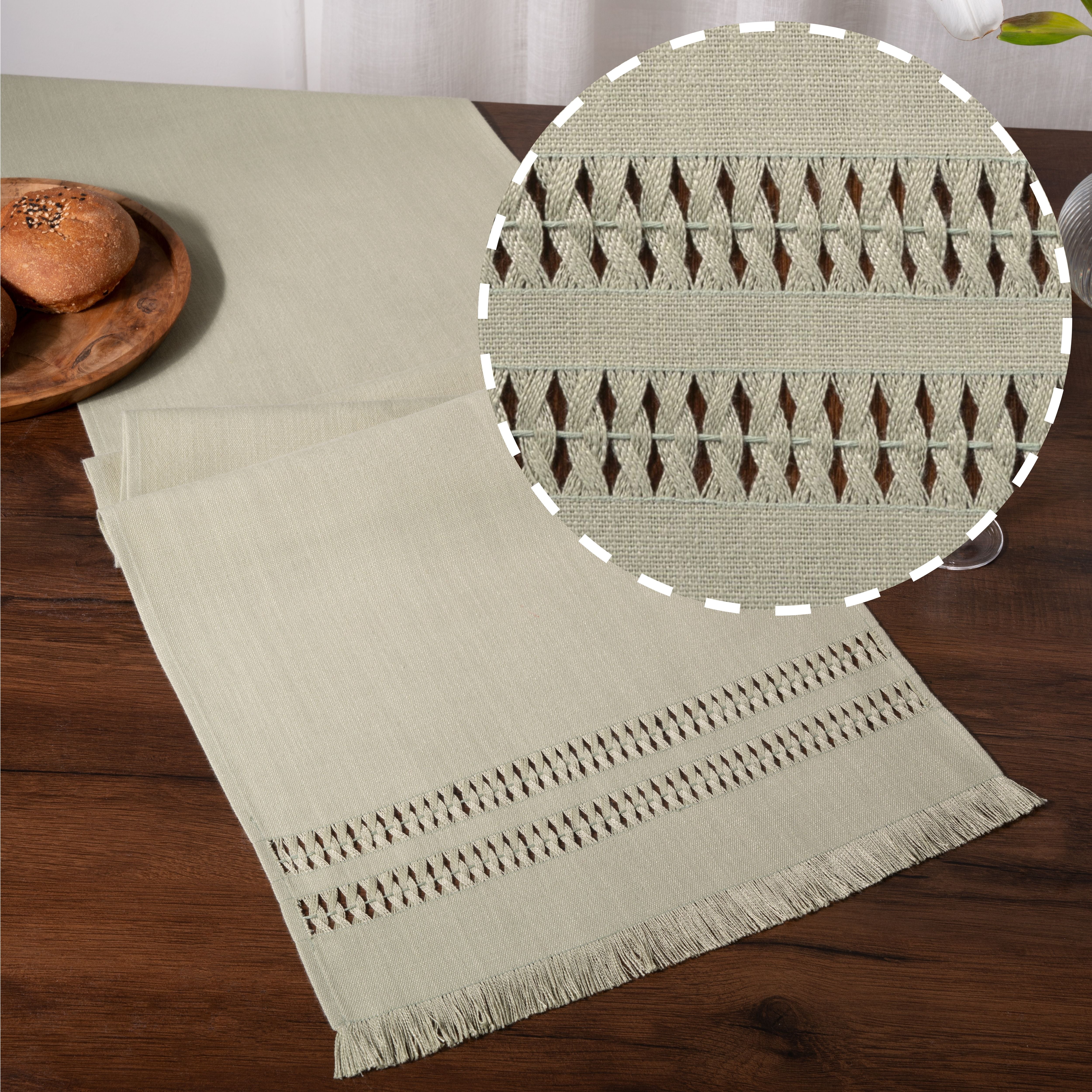 Sage green faux linen table runner with hand-hemstitch edge, 14 x 72 inches