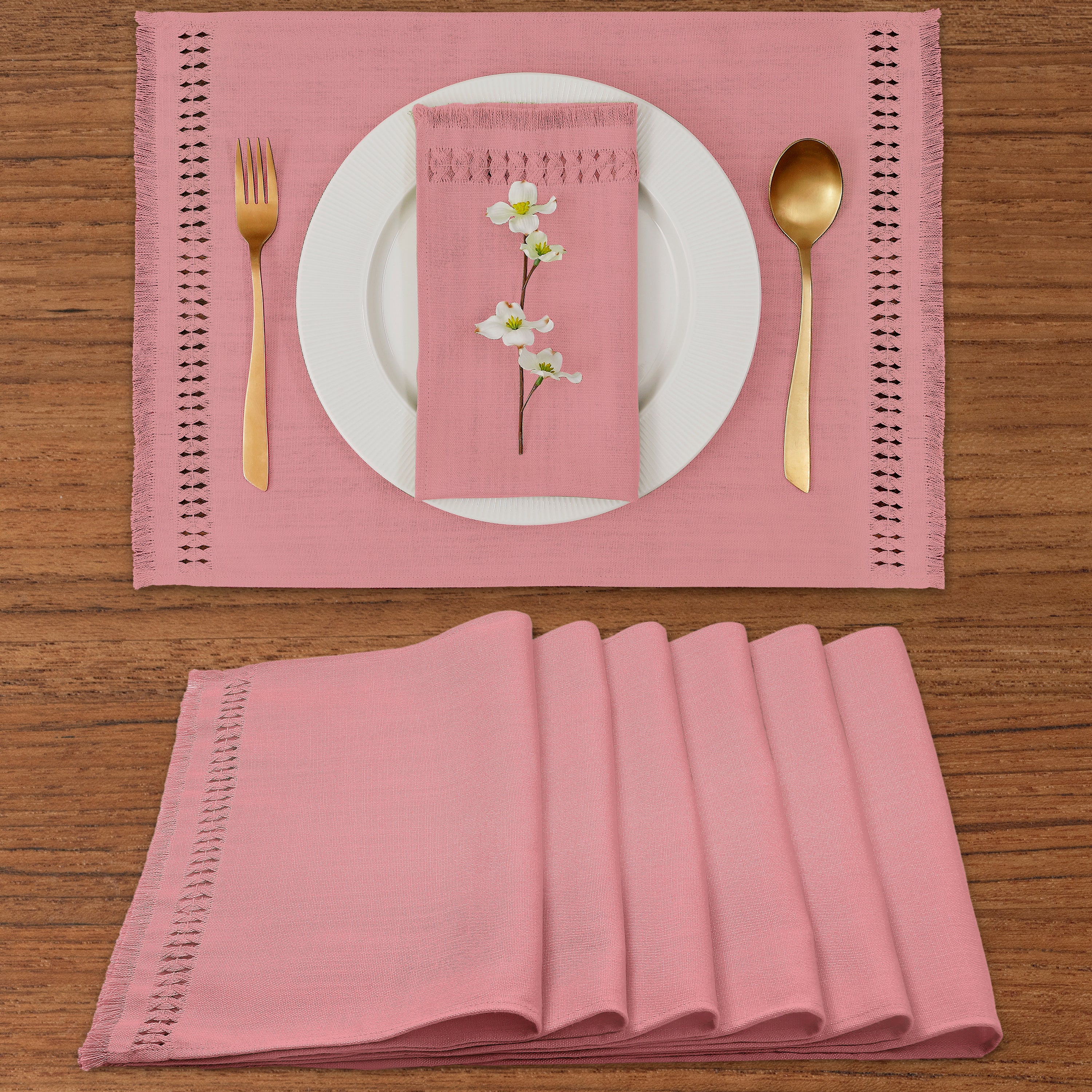 Dusty pink faux linen placemats with hand-hemstitch edge, 14 x 19 inches, set of 6