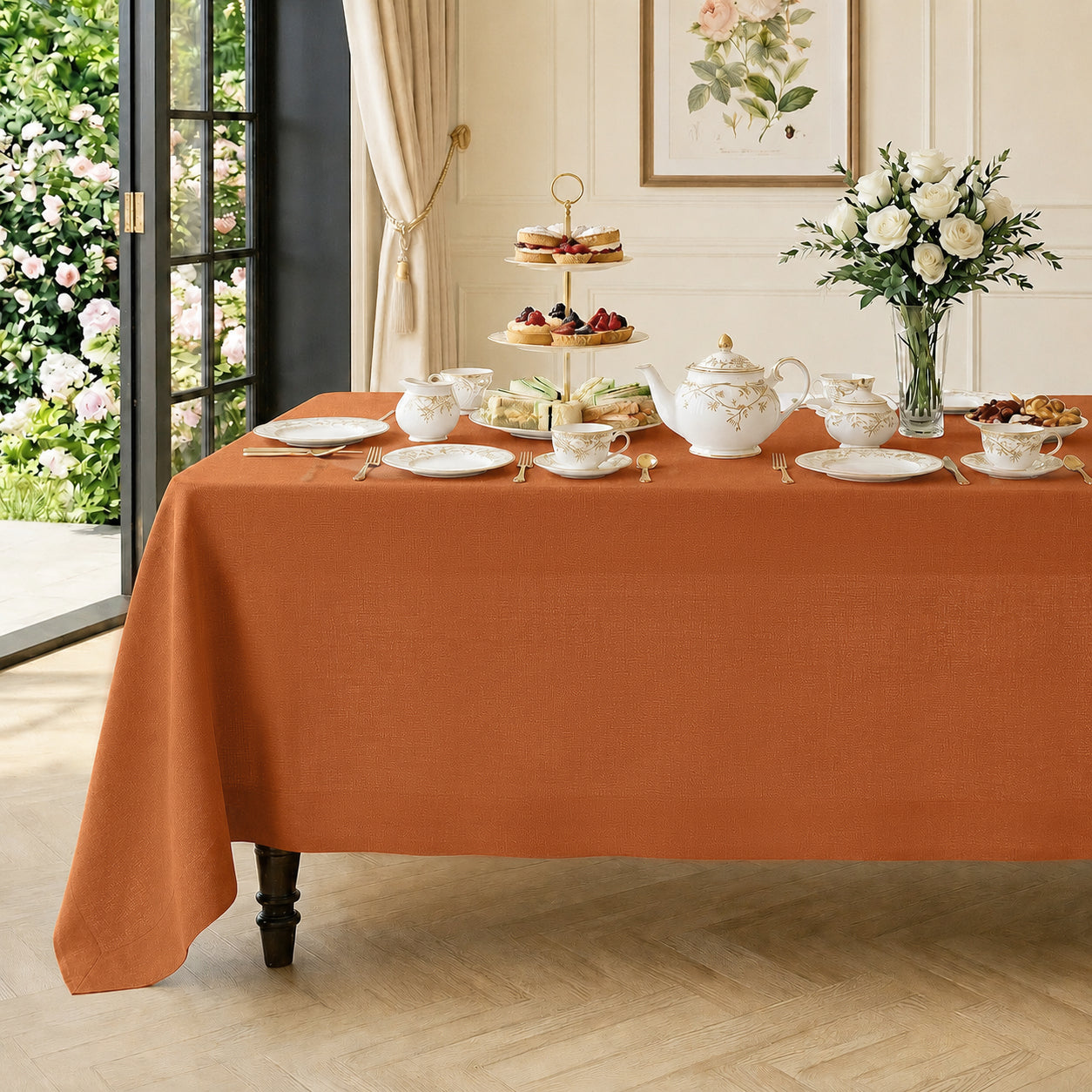 Rust pure linen tablecloth with mitered corners, 52 x 52 inches