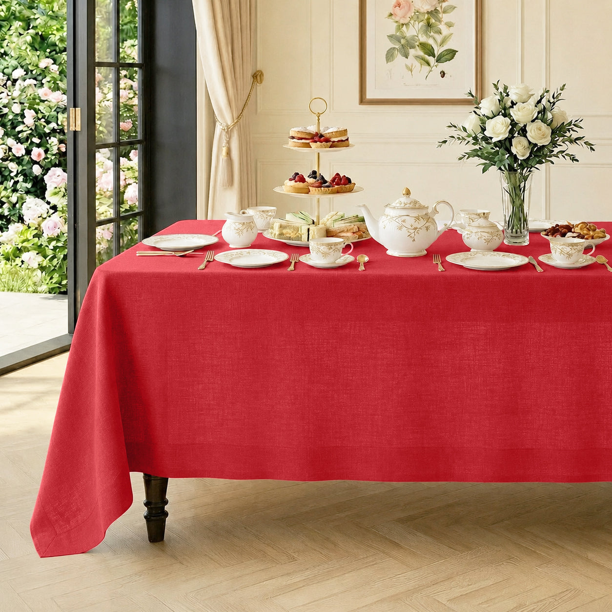 Bright red pure linen tablecloth with mitered corners, 52 x 52 inches