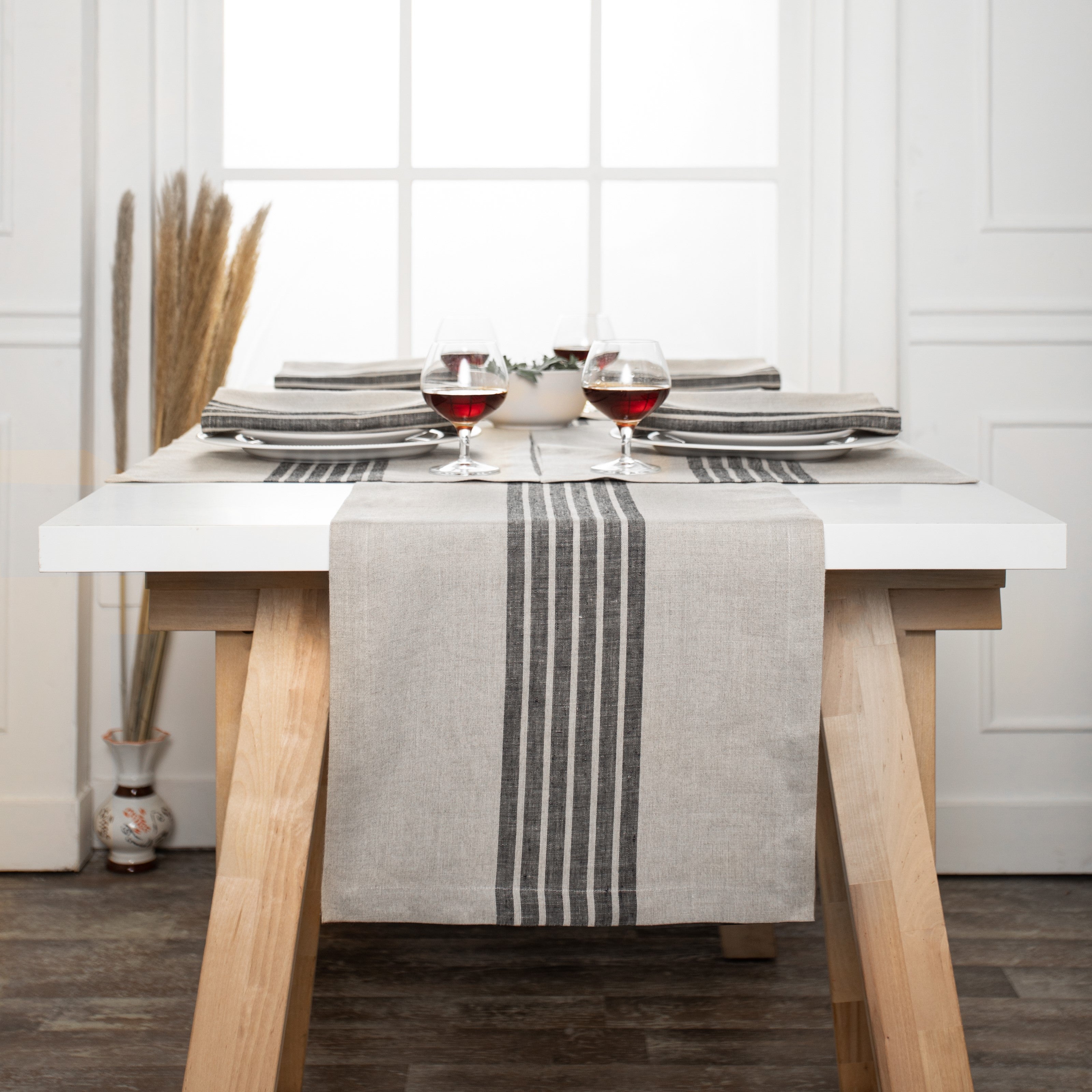 Natural and Black Pure Linen Table Runner - Farmhouse