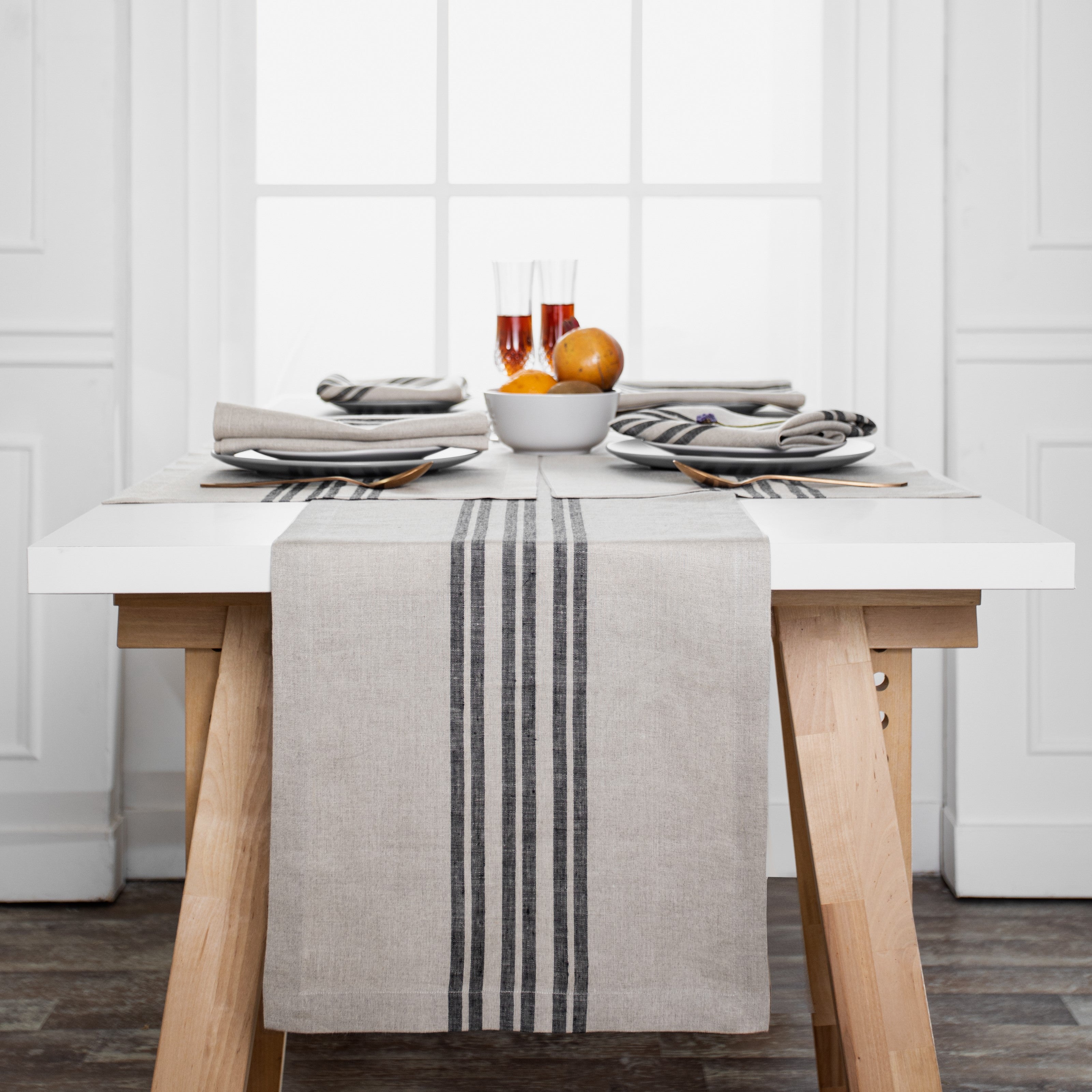 Natural and black pure linen table runner with farmhouse stripe, 14 x 36 inches