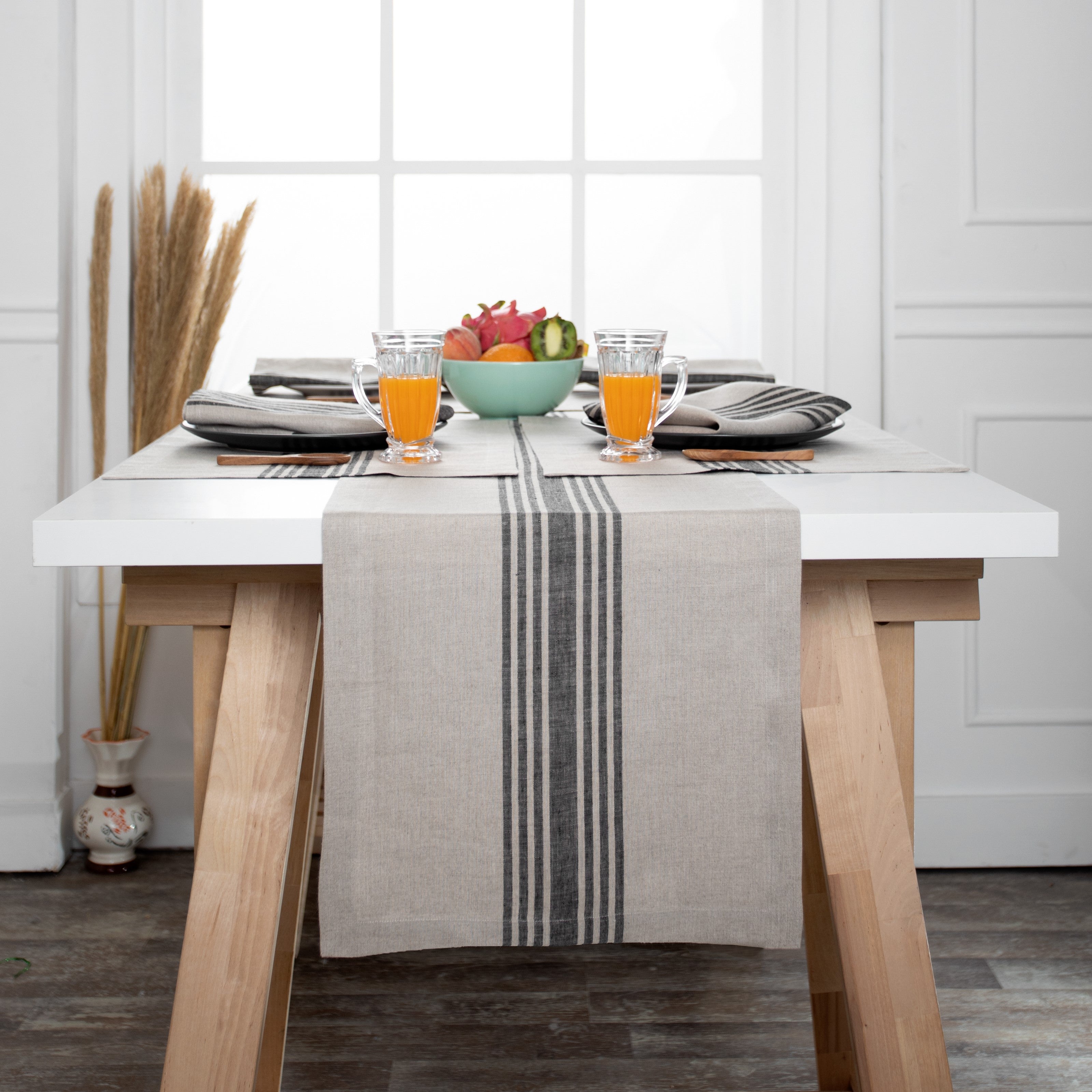 Natural and black pure linen table runner with farmhouse stripe, 14 x 36 inches