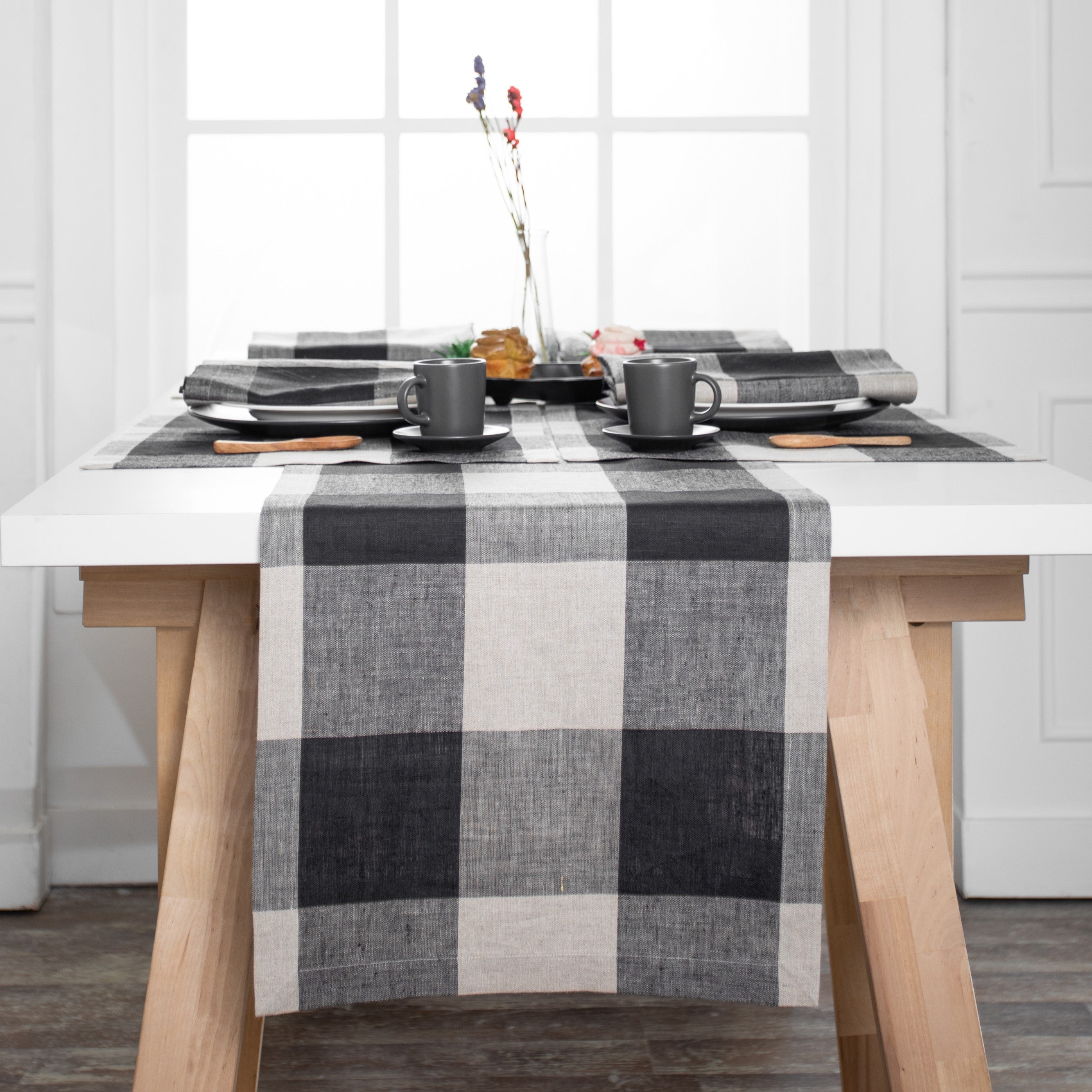 Natural and black pure linen table runner with buffalo check pattern, 14 x 36 inches