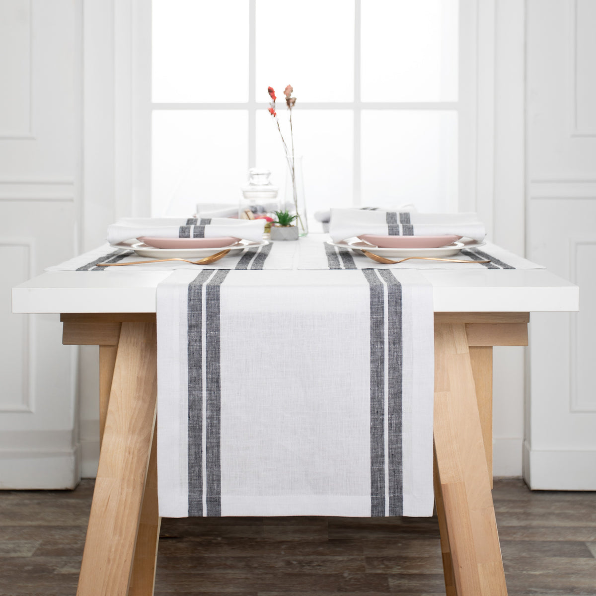 White and black pure linen table runner with french stripe, 14 x 36 inches