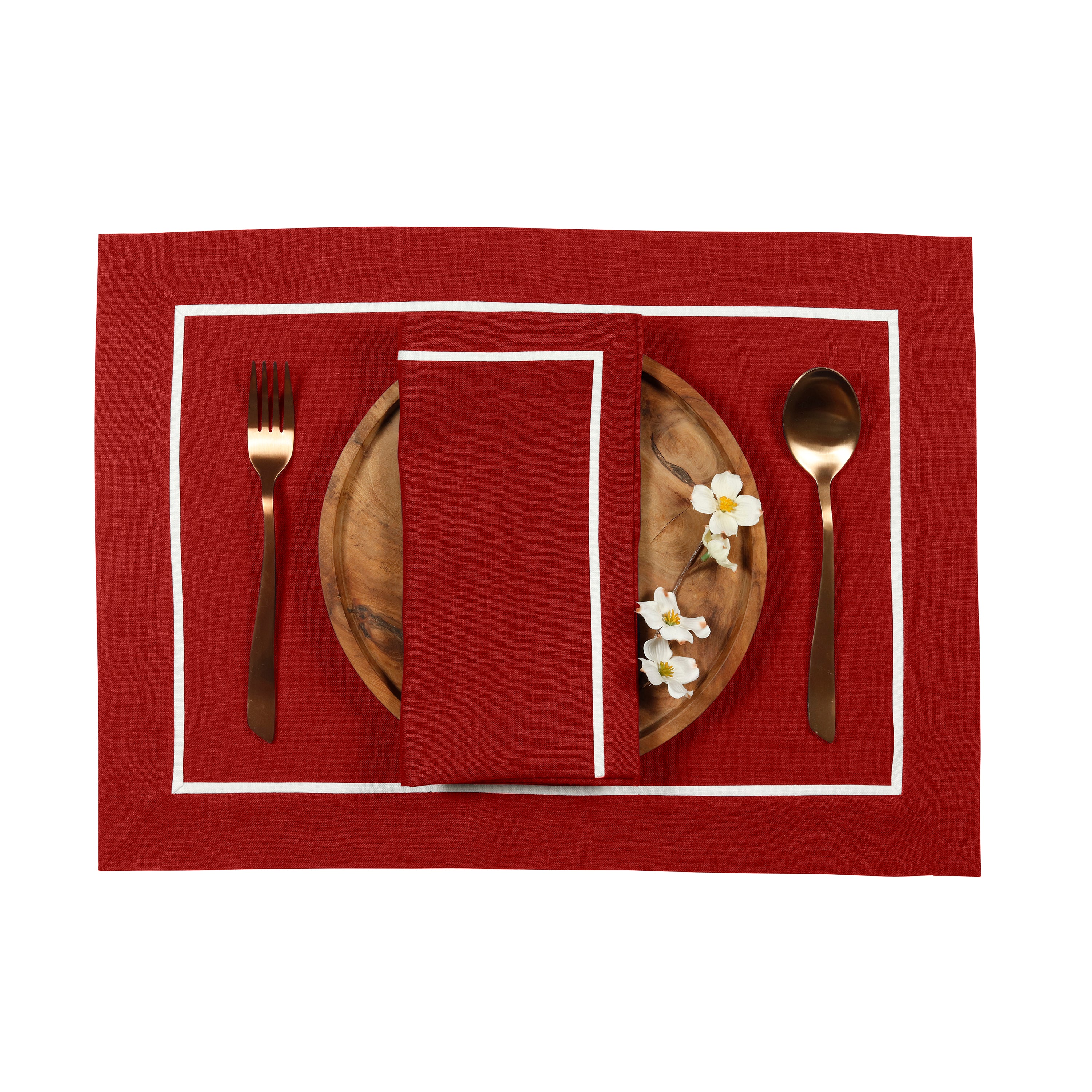 Close-up of the reversible design on red and white pure linen dinner napkins