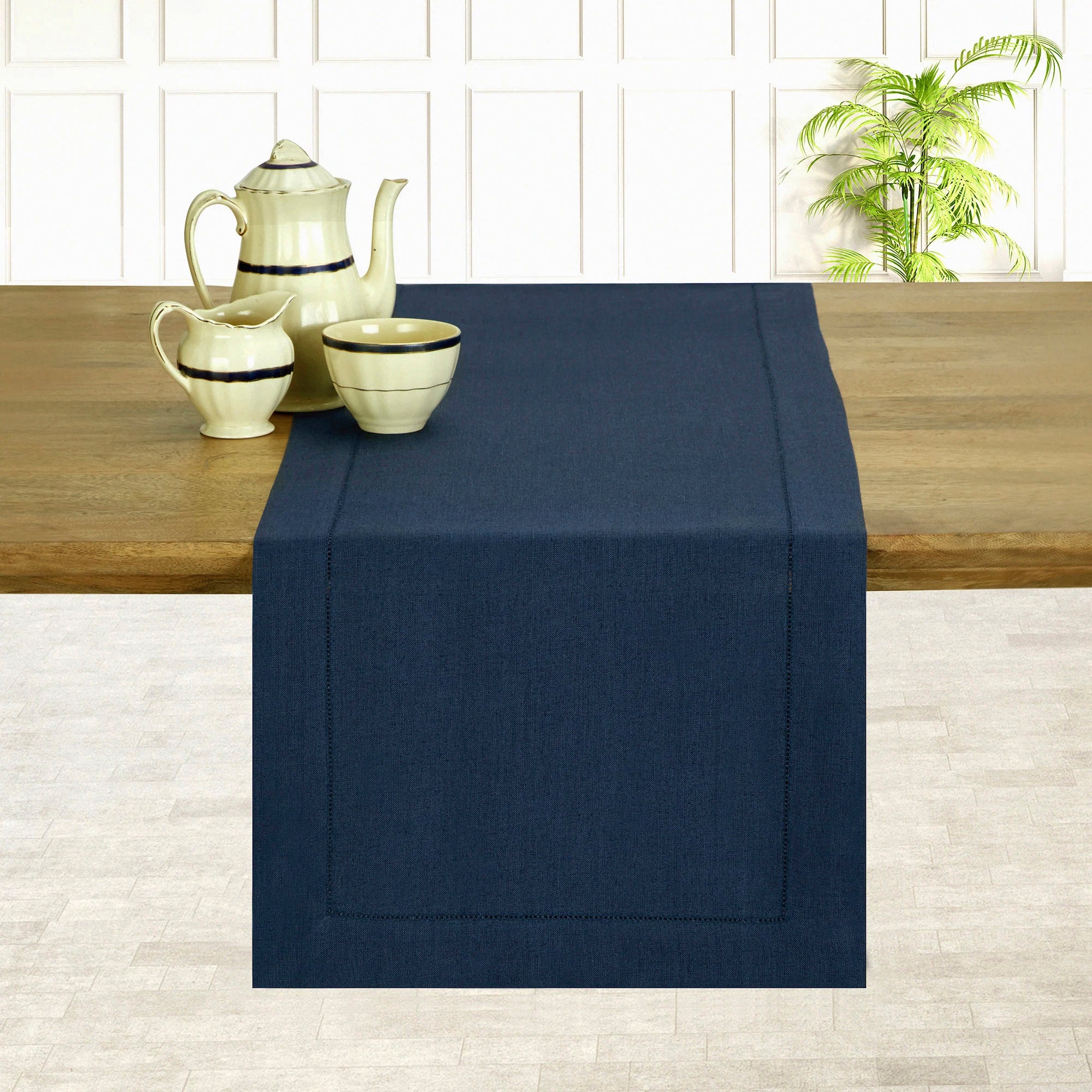 Navy Blue Linen Table Runner, Hemstitch