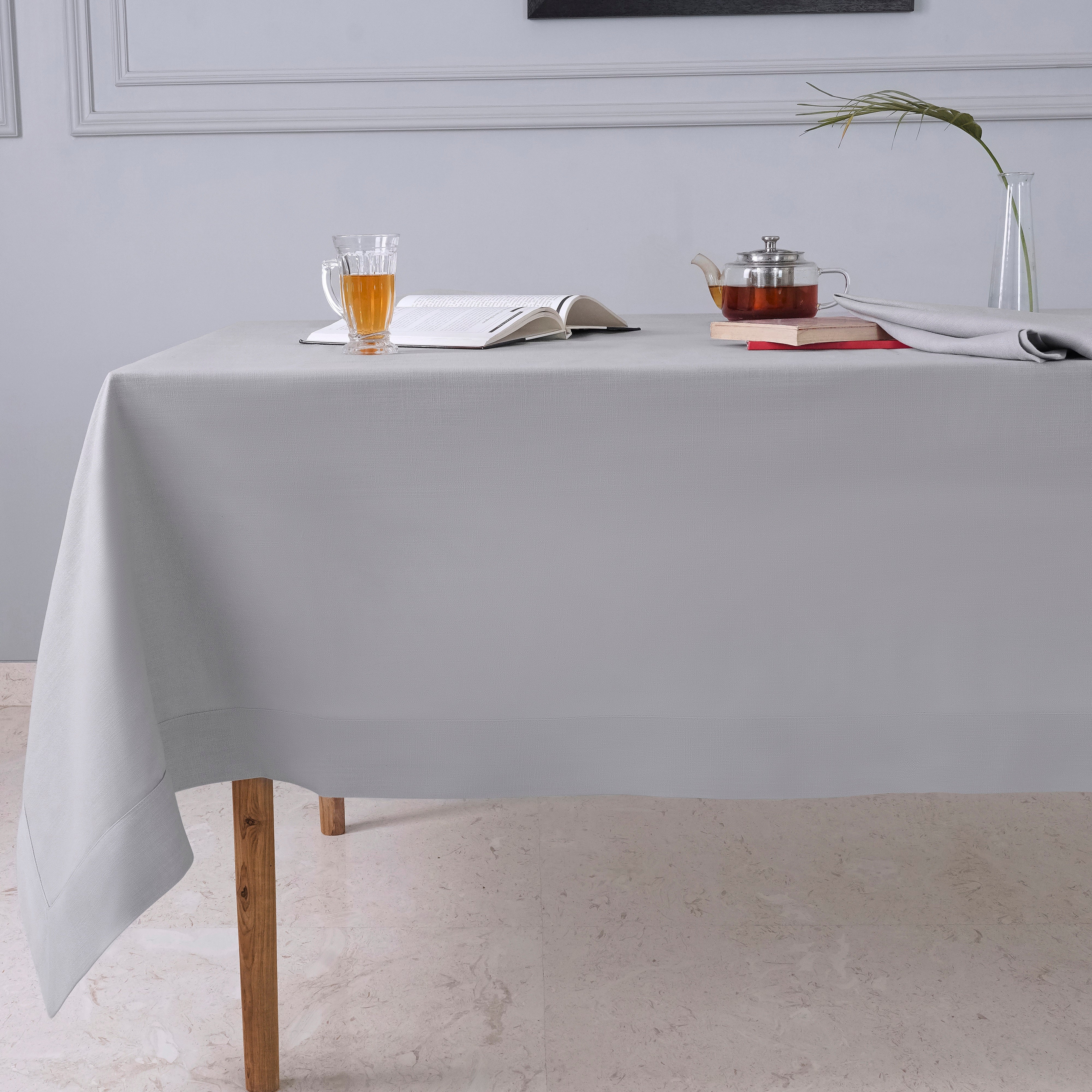 Light grey faux linen tablecloth with mitered corners, 52 x 52 inches
