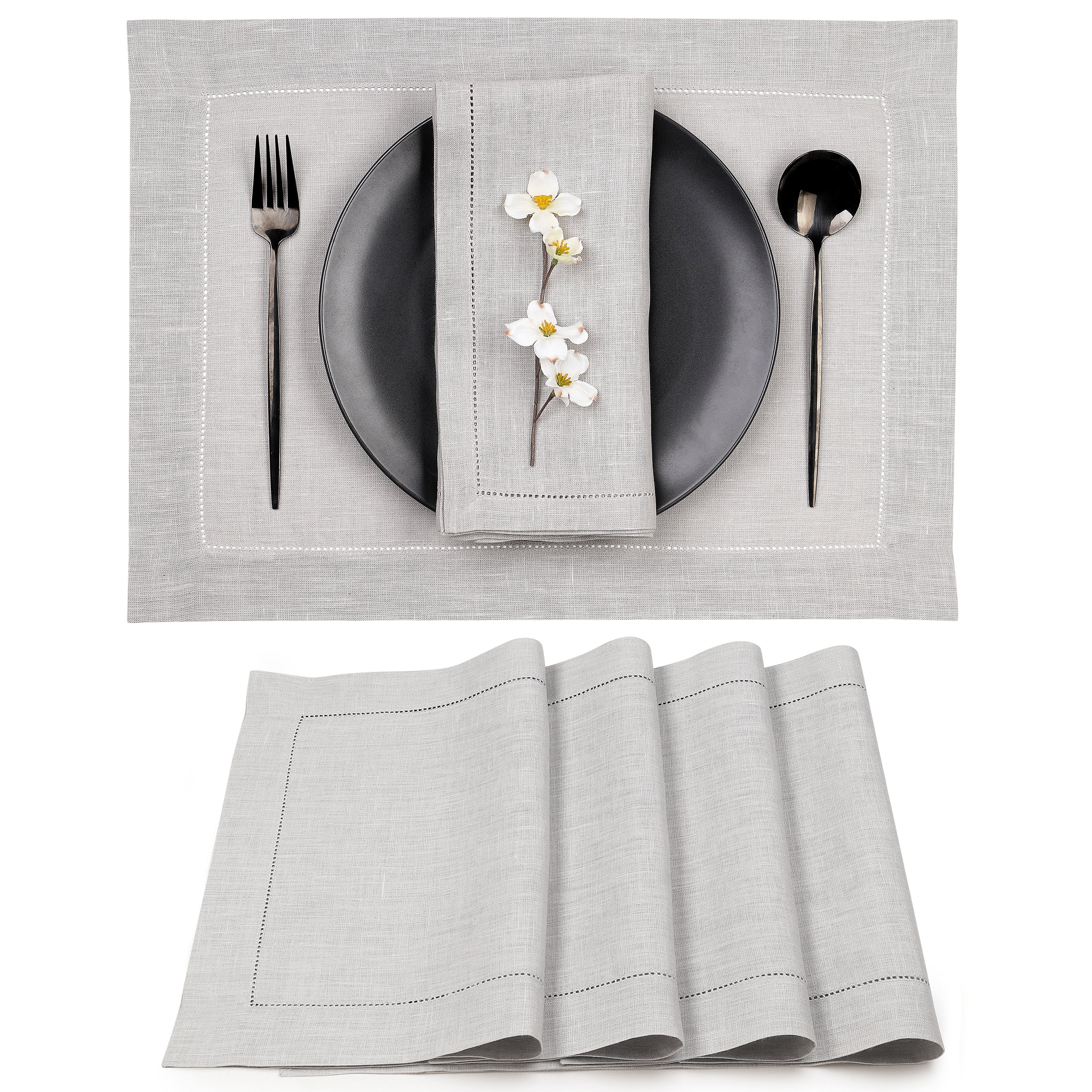 Silver grey pure linen placemats with hemstitch edge, 14 x 19 inches, set of 4