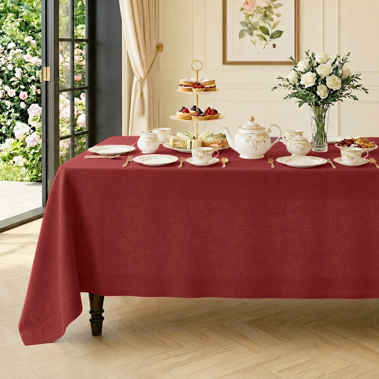 Red pure linen tablecloth with mitered corners, 52 x 52 inches