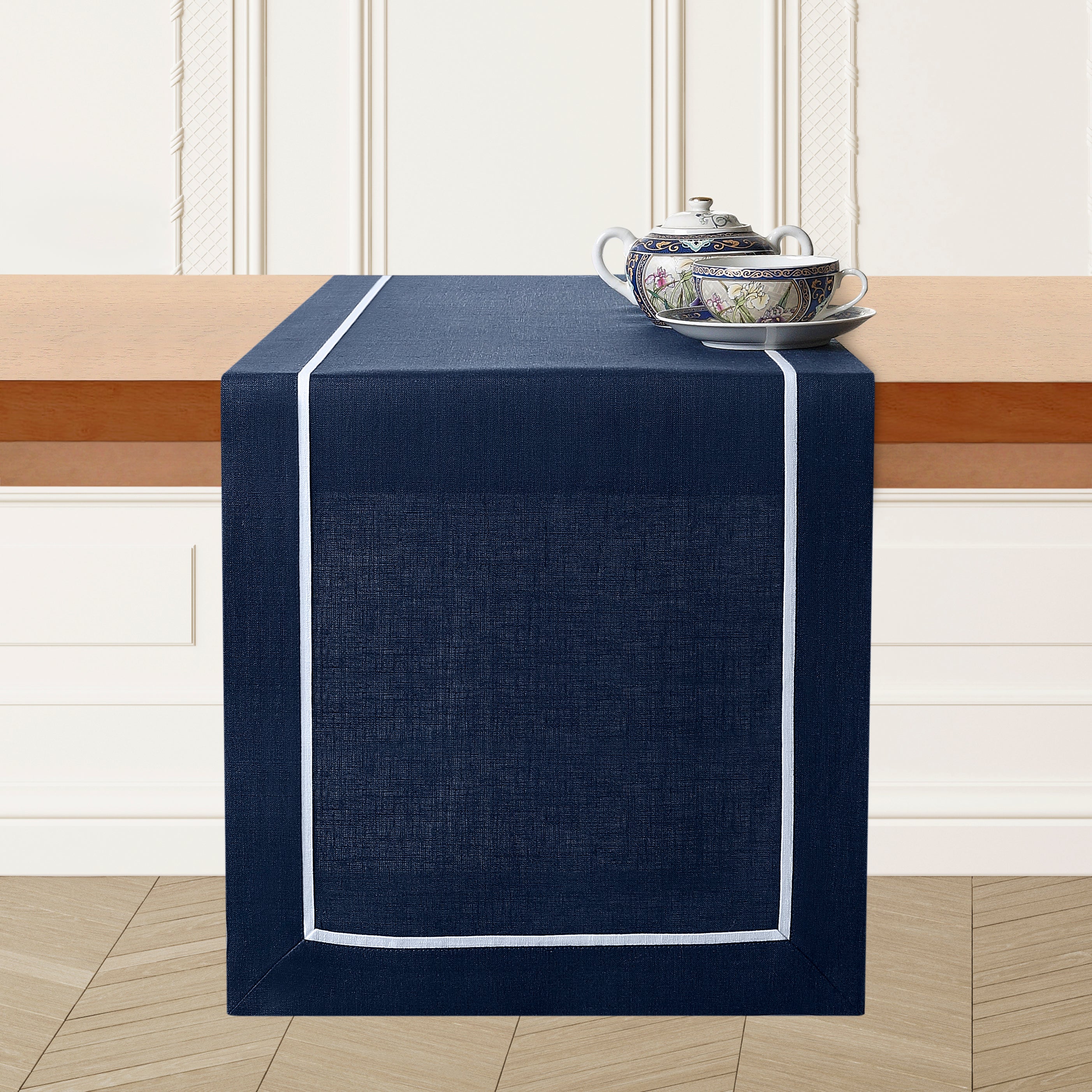 Navy blue and white pure linen table runner with reversible design, 14 x 36 inches