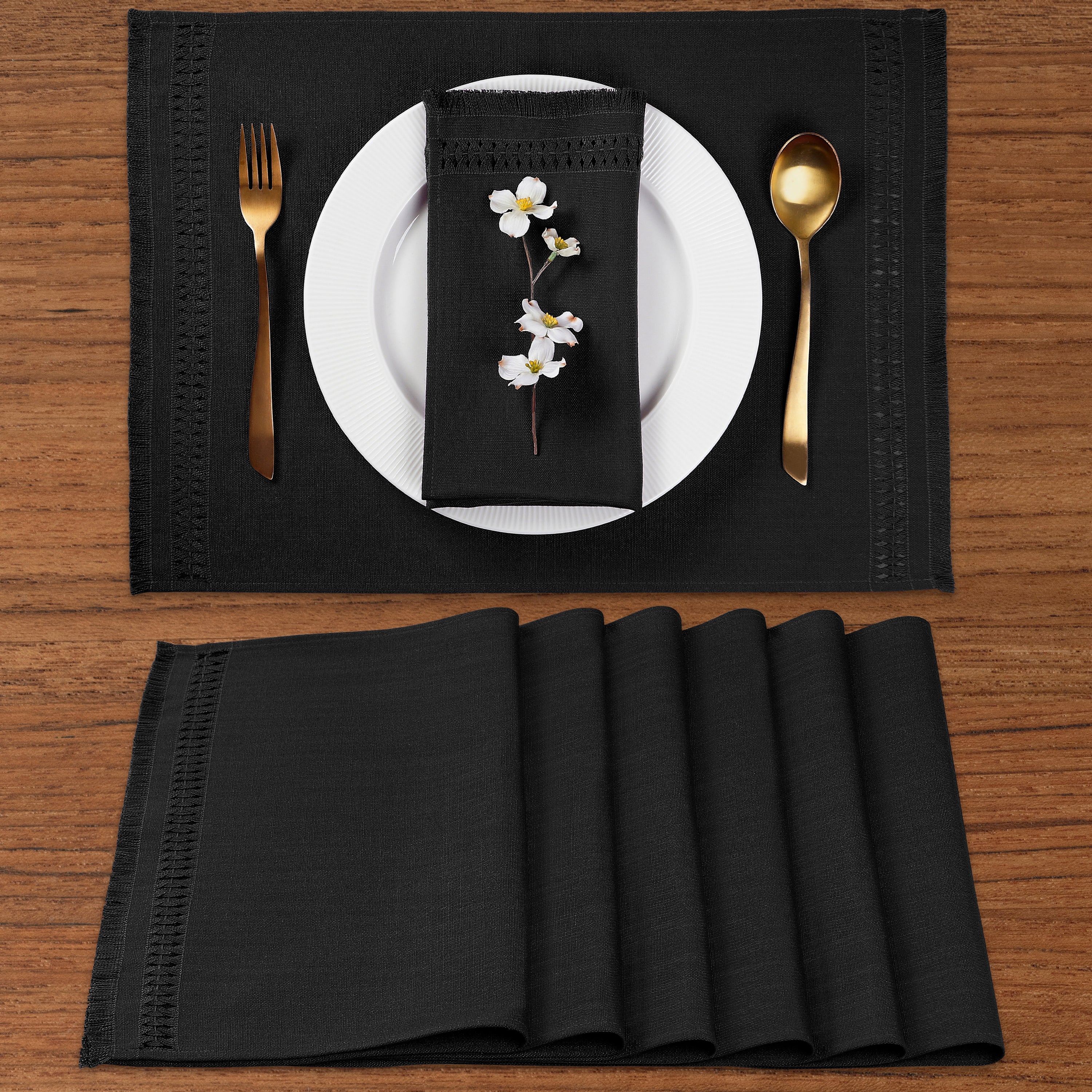 Black faux linen placemats with hand-hemstitch edge, 14 x 19 inches, set of 6