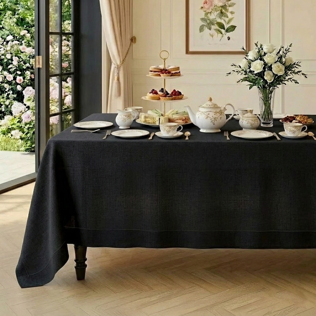 Black pure linen tablecloth with mitered corners, 52 x 52 inches