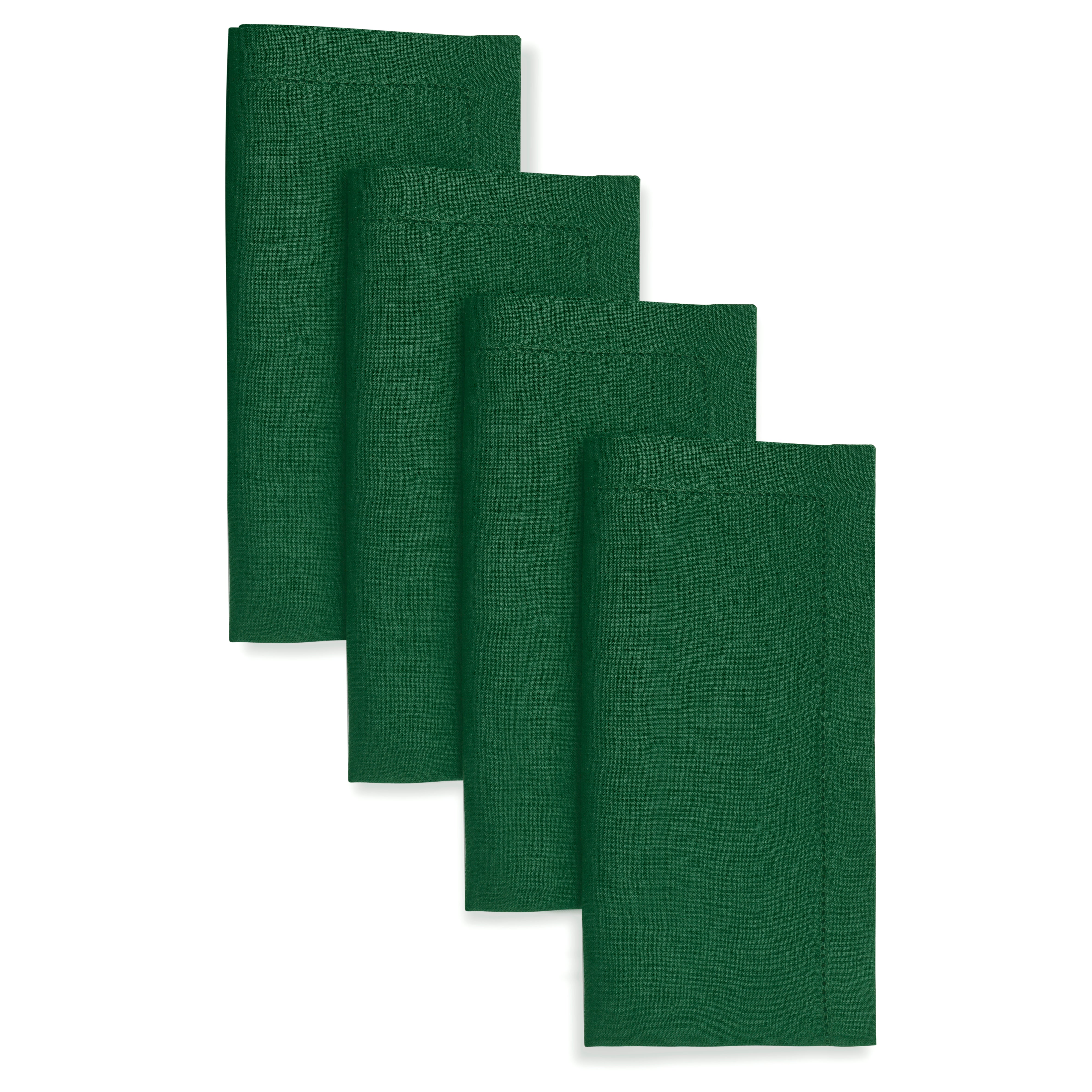 Forest green pure linen dinner napkins with hemstitch edge, 20 x 20 inches, set of 4