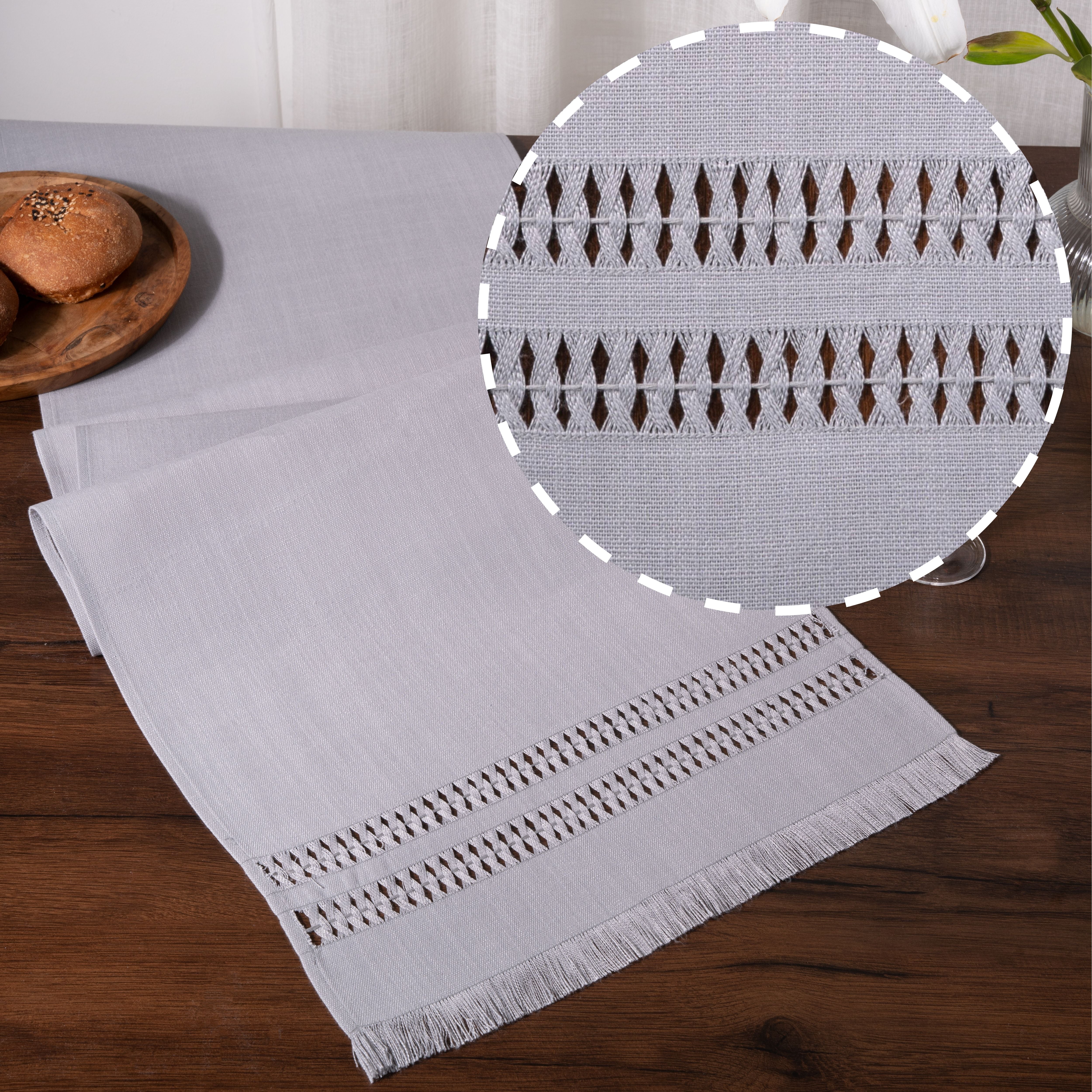 Light grey faux linen table runner with hand-hemstitch edge, 14 x 72 inches