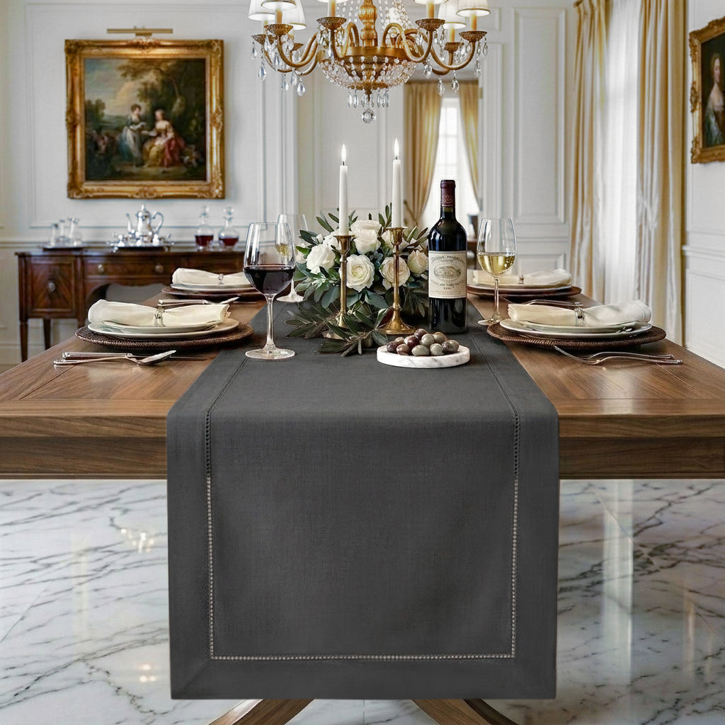 Charcoal grey pure linen table runner with hemstitch edge, 14 x 36 inches