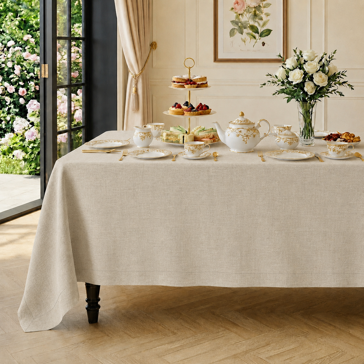 Natural pure linen tablecloth with mitered corners, 52 x 52 inches