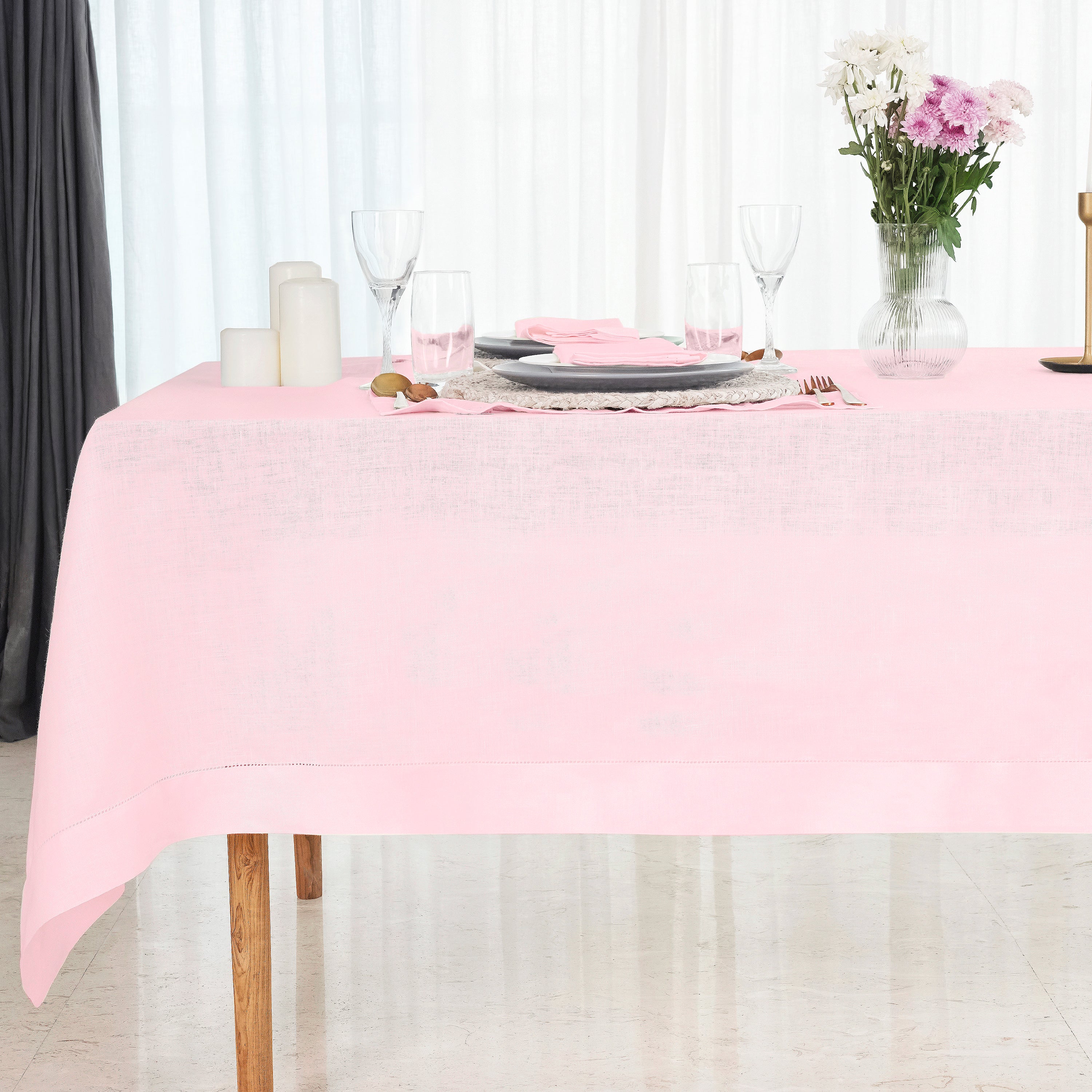 Pastel pink pure linen tablecloth with hemstitch edge, 52 x 52 inches