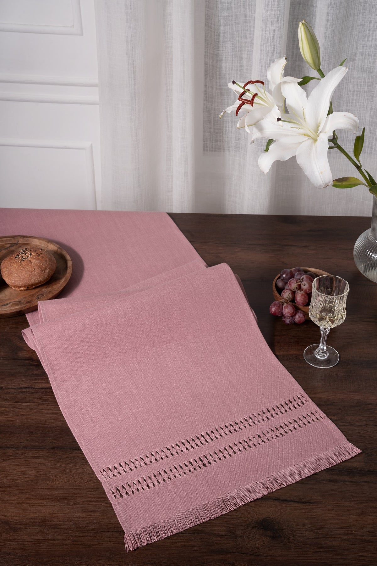 Dusty Pink Linen Textured Table Runner - Hand Hemstitch