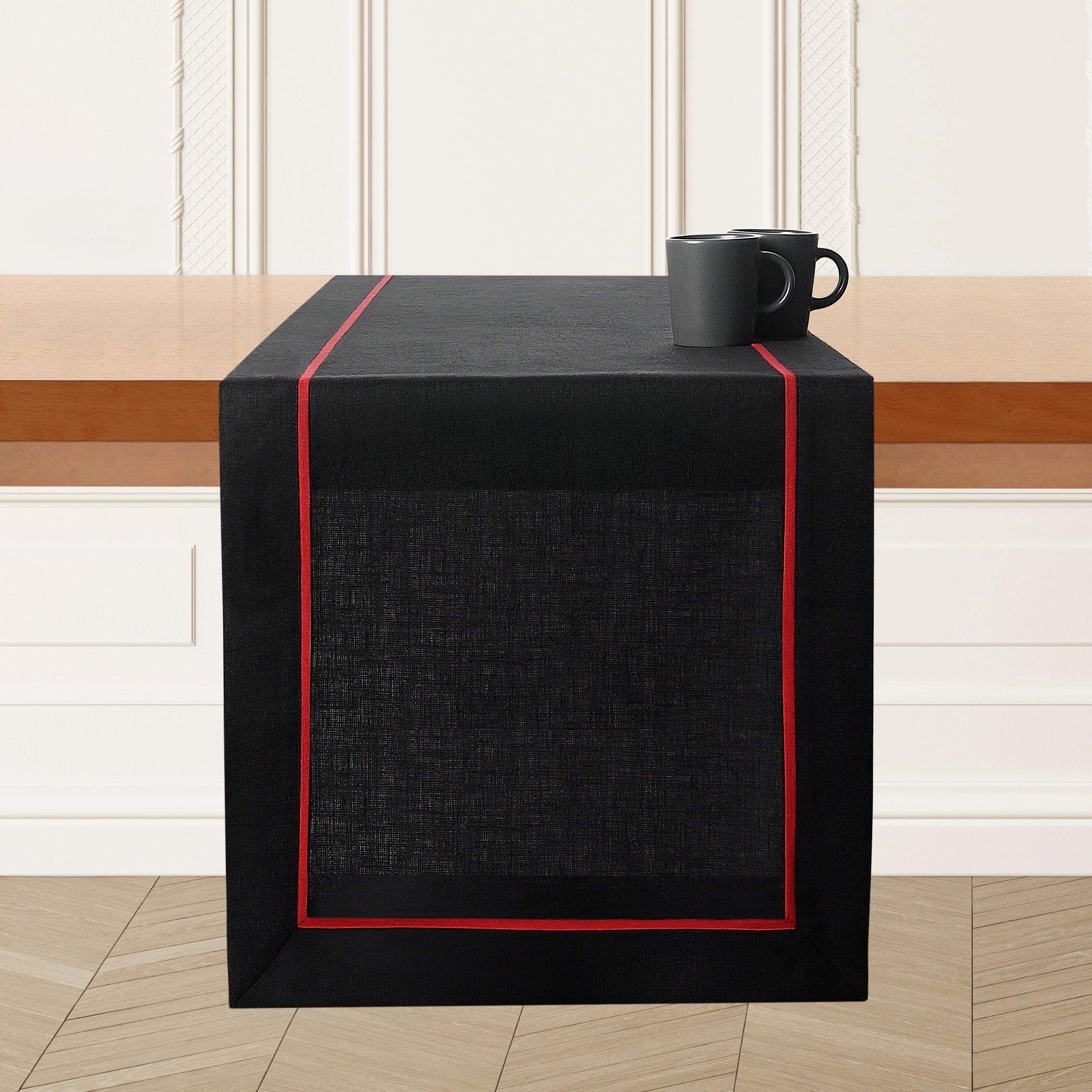 Black and red pure linen table runner with reversible design, 14 x 36 inches